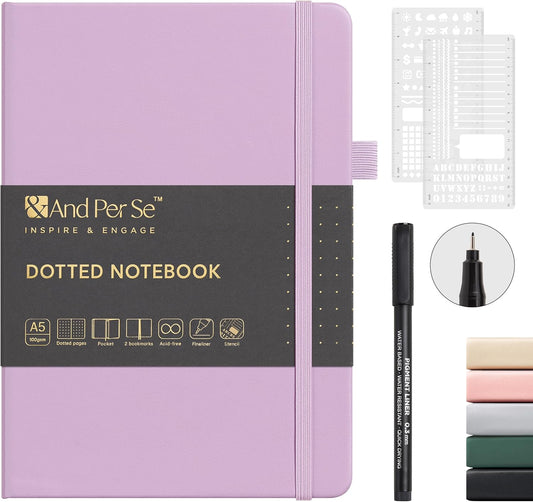 &And Per Se Bullet Dotted Journal Notebook, A5 Leather Hardcover, 176 Numbered Pages 100GSM Thick Dotted Paper, 2 Sheets of Stencils Included - 5.7'' x 8'' (Lavender)