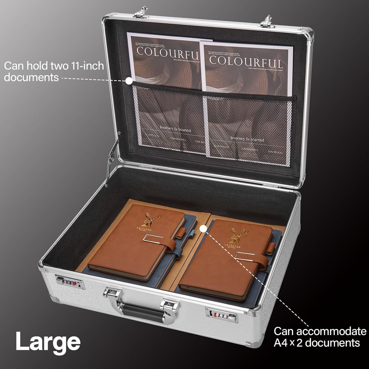 File Organizer Storage Box - 18.8 x 14.5 x 6.2 Inch X-Large, Portable Locking Storage Totes with Dual Combination Locks, Lock Boxes for Personal Items, Cash, Briefcase - Silver