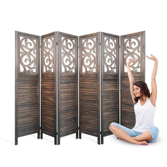 6 Panel Room Divider, 5.6FT Folding Carved Room Divider Screen, Free Assembled Freestanding Partition for Home Office Bedroom, Brown