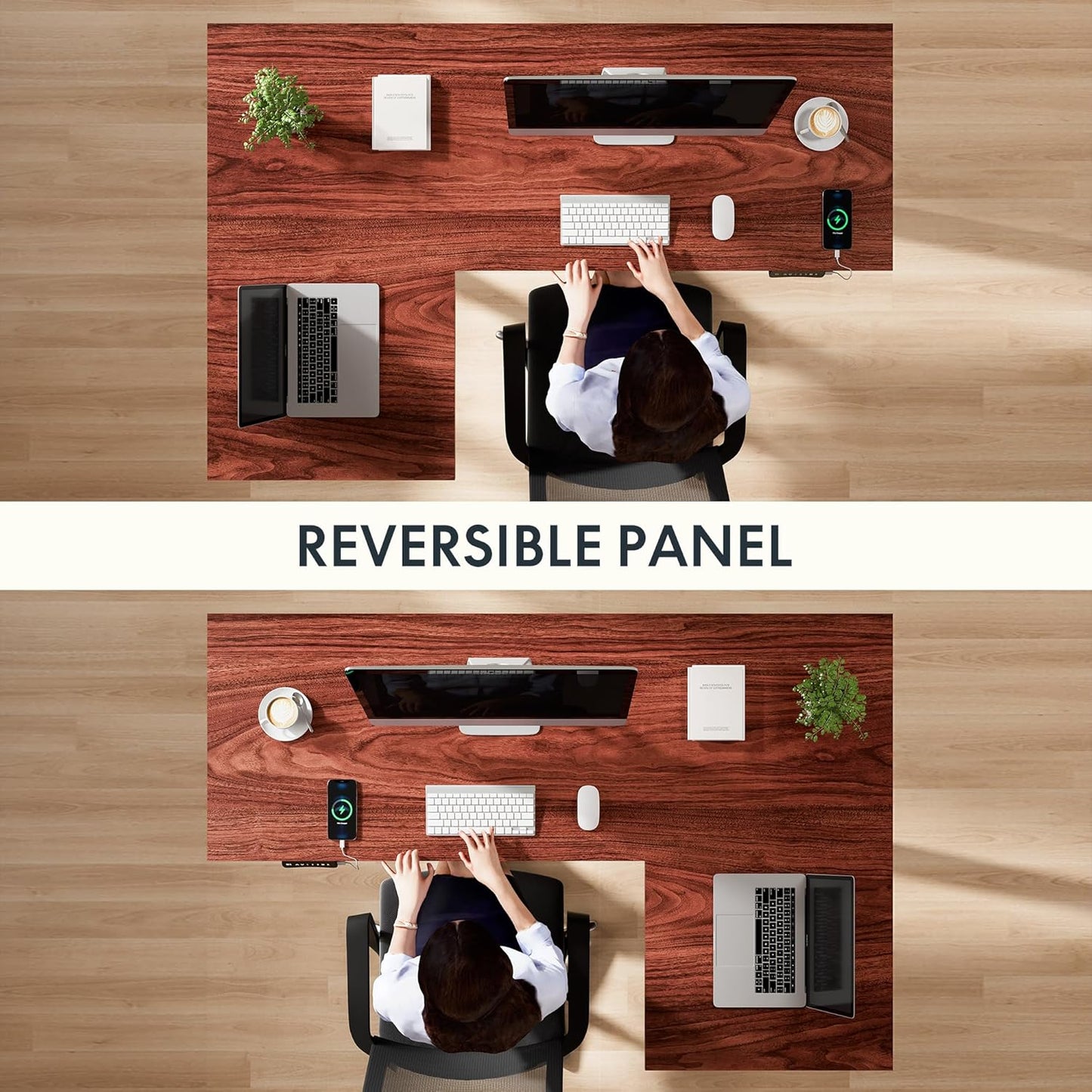 FLEXISPOT 63 inch L-Shaped Standing Desk, Electric Height Adjustable Desk, Sit Stand Large Corner Desk, Memory Preset Controller, Modern Design, Black Frame + Mahogany Top