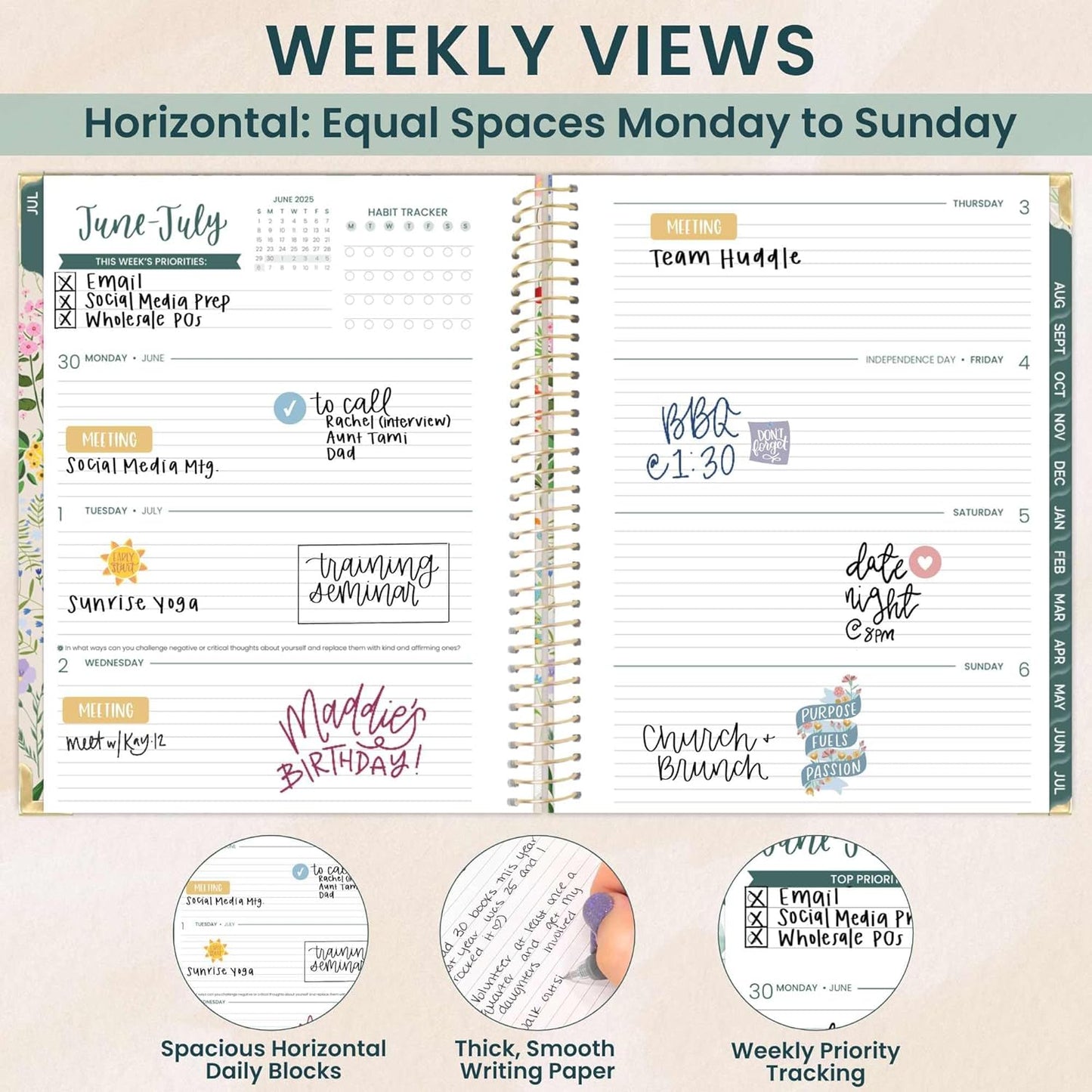 bloom daily planners HARDCOVER 2025-2026 (8.5" x 11") Academic Year Day Planner (July 2025 - July 2026) - Task Goal Organizer - Monthly & Weekly Inspirational Agenda Book - Garden Party, Beige