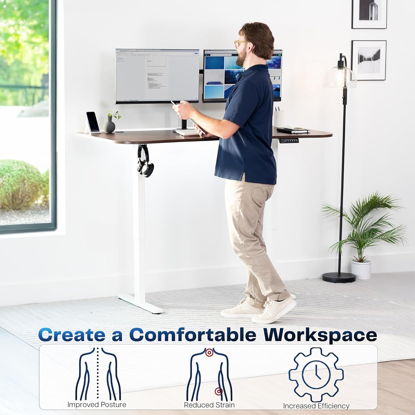 VIVO Electric 63 x 32 in Standing Desk, Memory Height Adjustment, 1B Series, Dark Walnut Top White Frame, DESK-KIT-1W1D