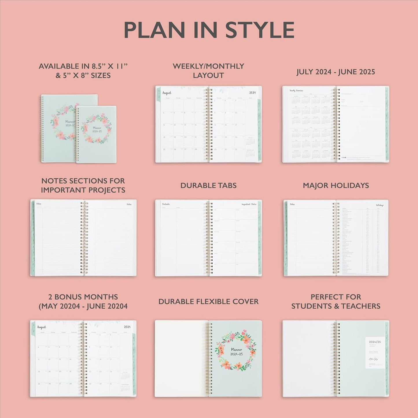 Blue Sky 2024-2025 Academic Year Weekly and Monthly Planner, Perfect College Organizer with Enhanced Features, Frosted Laurel, 5" x 8"