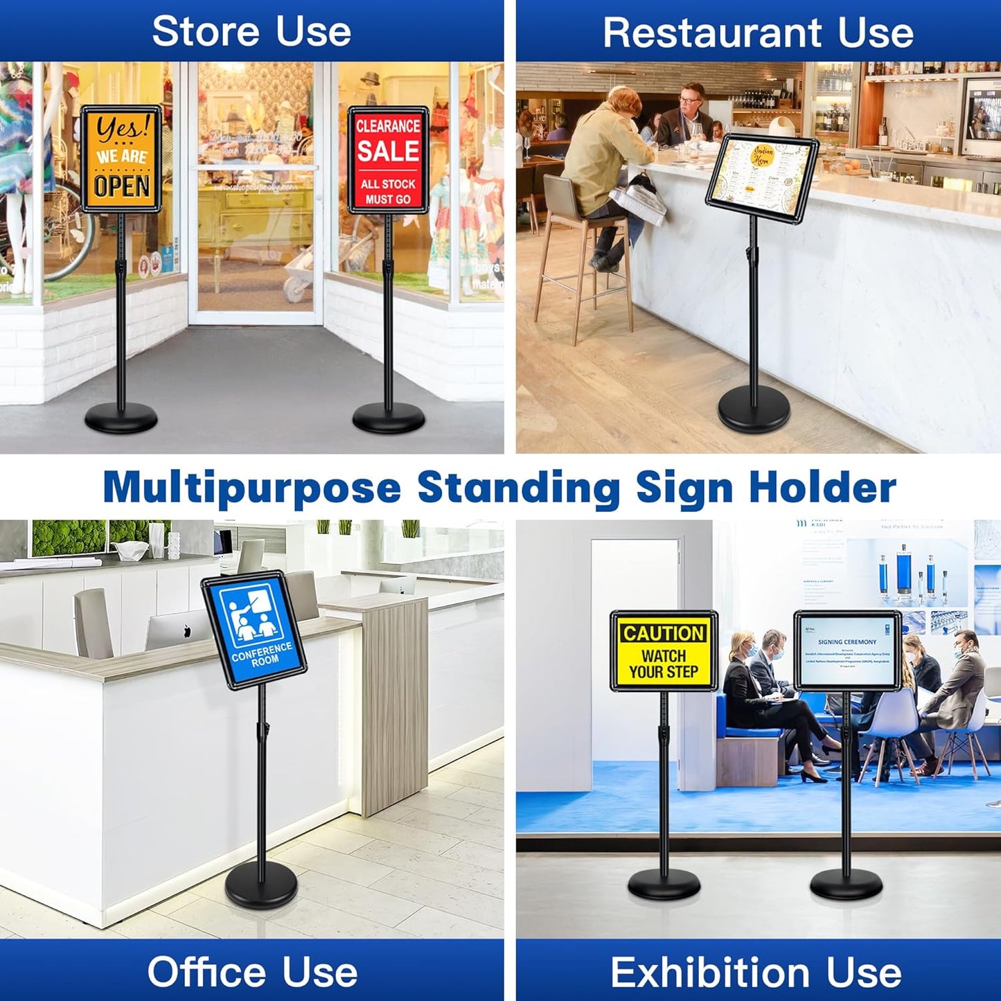 Sign Stand for Display - Adjustable 8.5x11 Inch Floor Standing Sign Holder, Pedestal Poster Stand for Vertical & Horizontal View, Indoor & Outdoor Use for Business, Mall, Restaurant - Black
