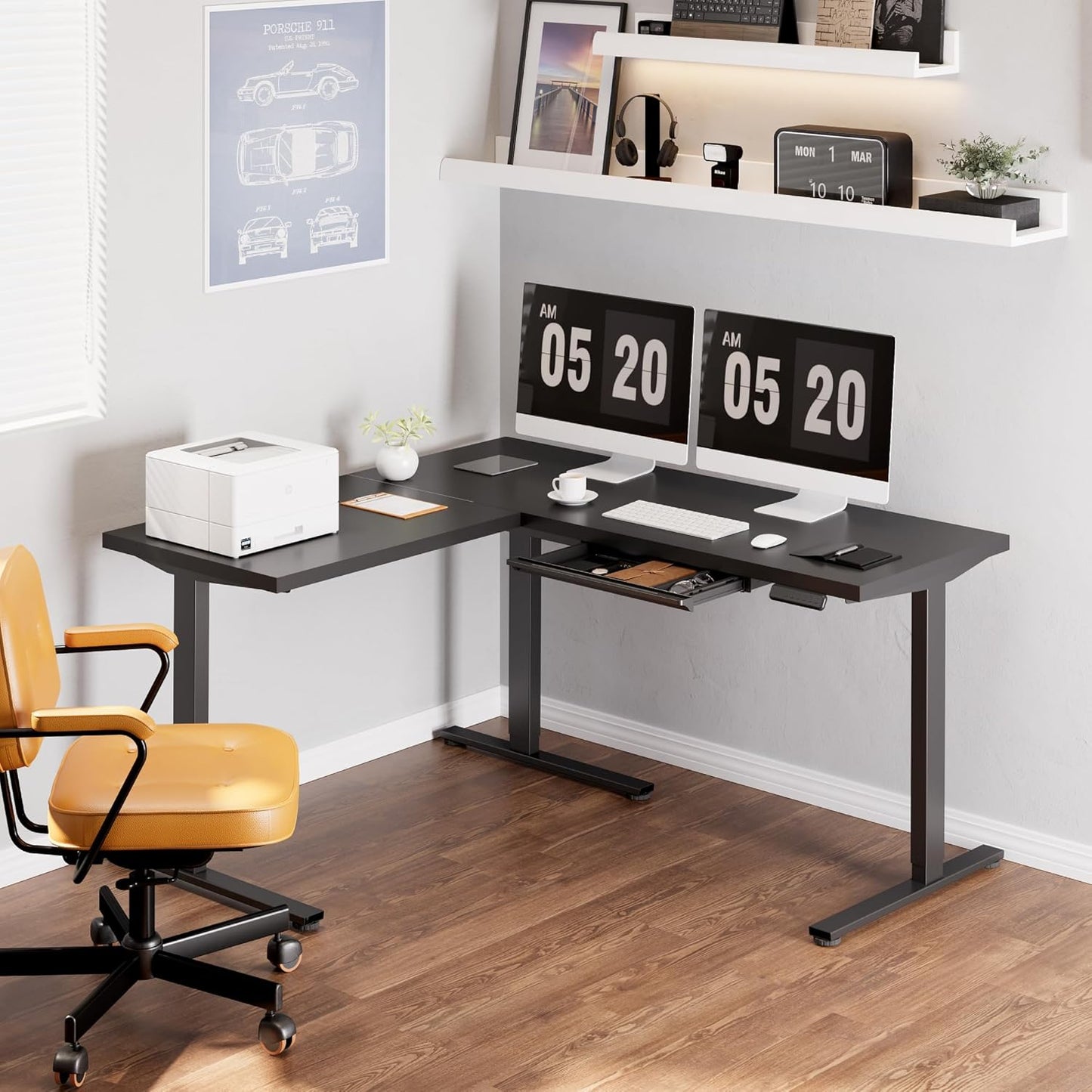 FLEXISPOT L Shaped Standing Desk, 63 x 55 Inch Electric Height Adjustable Corner Desk, Sit Stand Computer Workstation, Preset Controller, Home Office, Black Frame with Black Top, Black Drawer