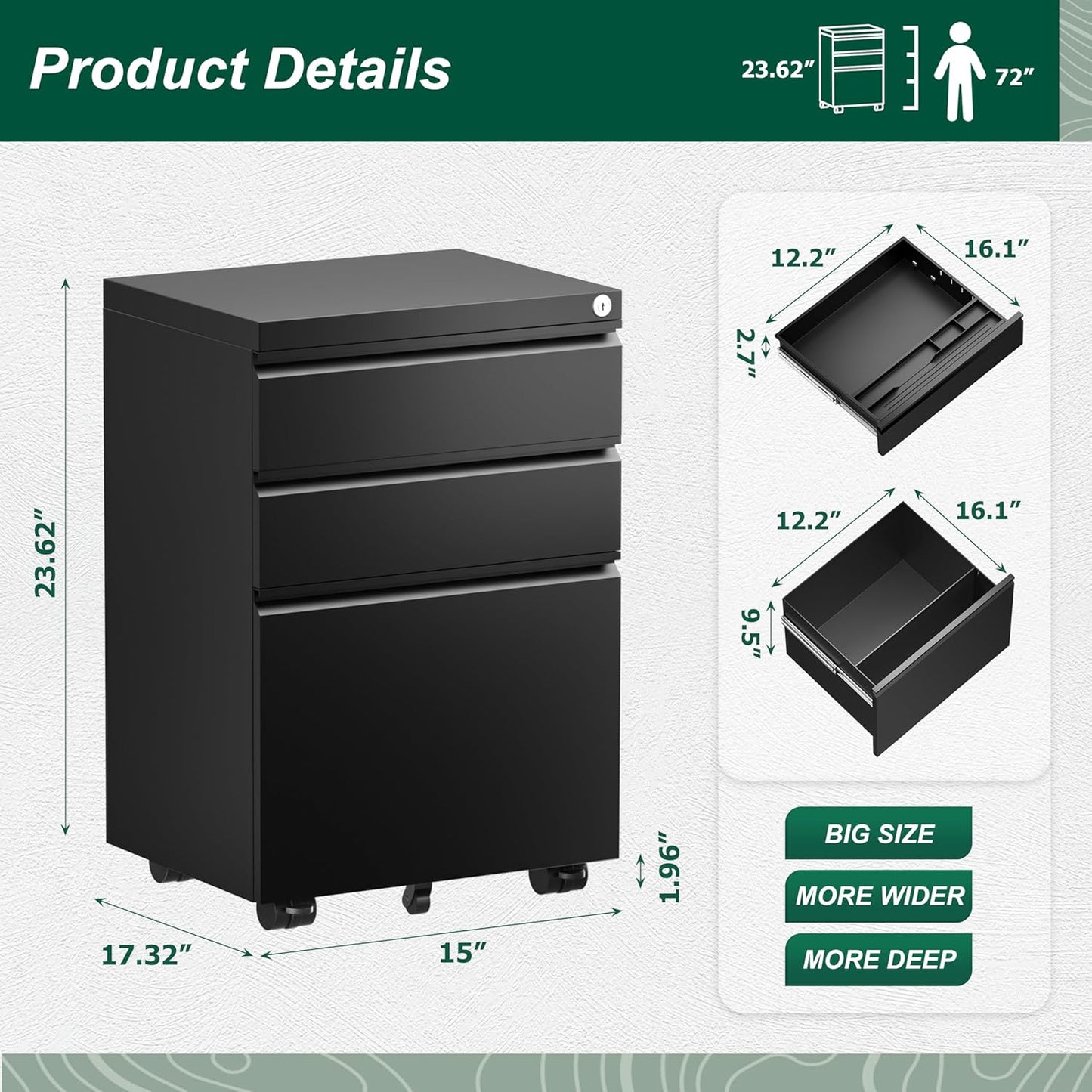 Superday Black File Cabinet 3 Drawer, Fully Assemble Metal Rolling Vertical Filing Cabinet with Wheels, Small Under Desk File Cabinets for Home Office