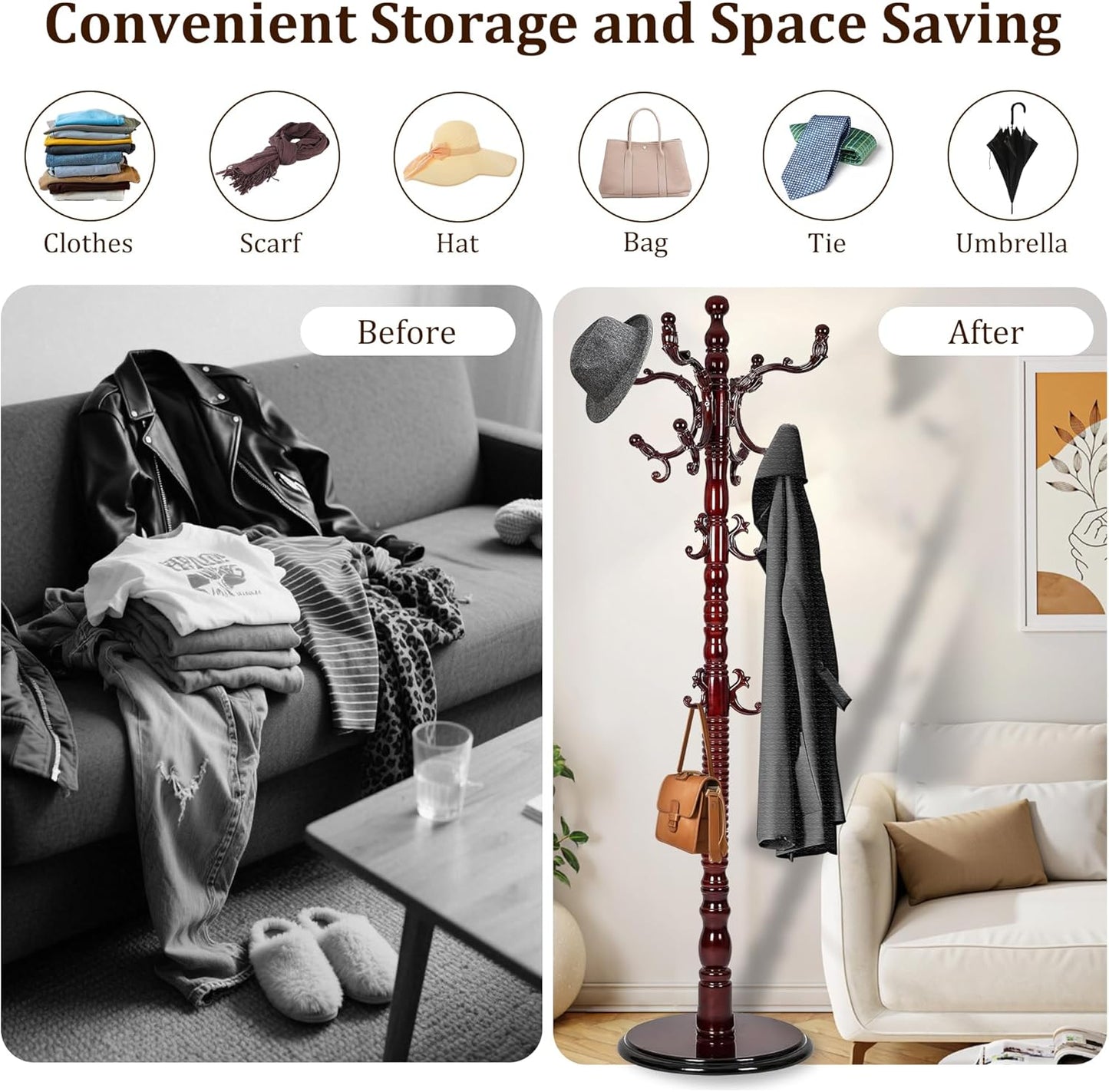 Vintage Free Standing Coat Rack with Disc Base, Solid Wood Coat Hanger Stand with 18 Hooks and 3 Adjustable Size, Standing Coat Rack Tree for Entryway, Bedroom, Hallway, Office, Apartment