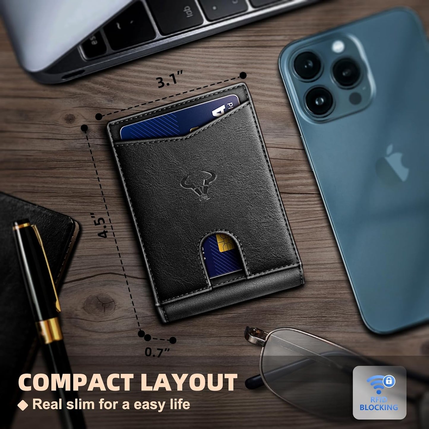 BULLIANT Men Wallet, Slim Leather Wallet Front Pocket Card Holder Gift For Men 11 Slots RFID Blocking