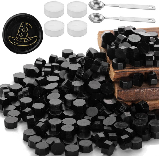 Black Sealing Wax Beads, Yoption 300 Pcs Octagon Wax Seal Beads Kit with 2 Melting Spoon and 4 Candles for Wedding Invitation Envelopes Gift Wrapping (Black)