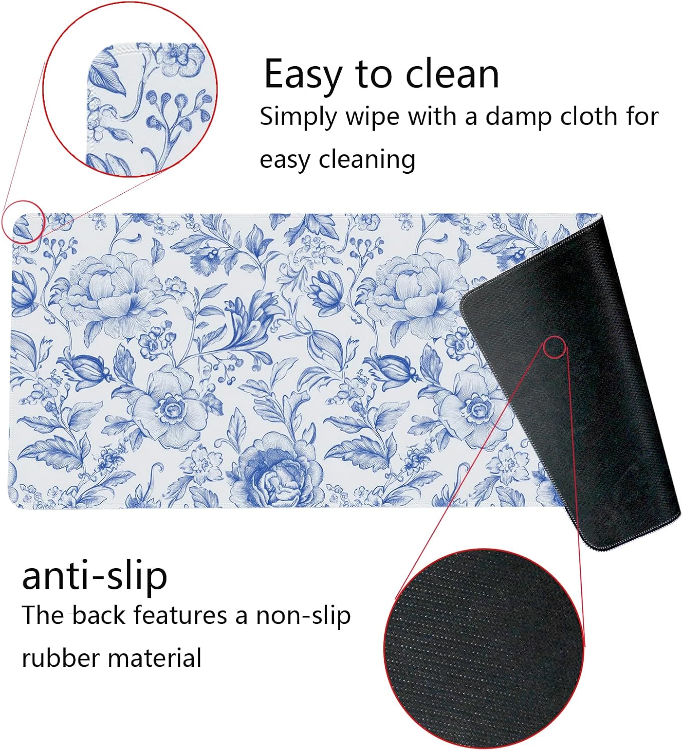 Blue Chinoiserie Mouse Pad,Blue and White Floral Desk Mat,XL Large Floral Preppy Trendy Mouse Pad,Girly Gaming Mousepad,Girly Laptop Desk Mat for Dorm Home Office,31.5x11.8 Inch