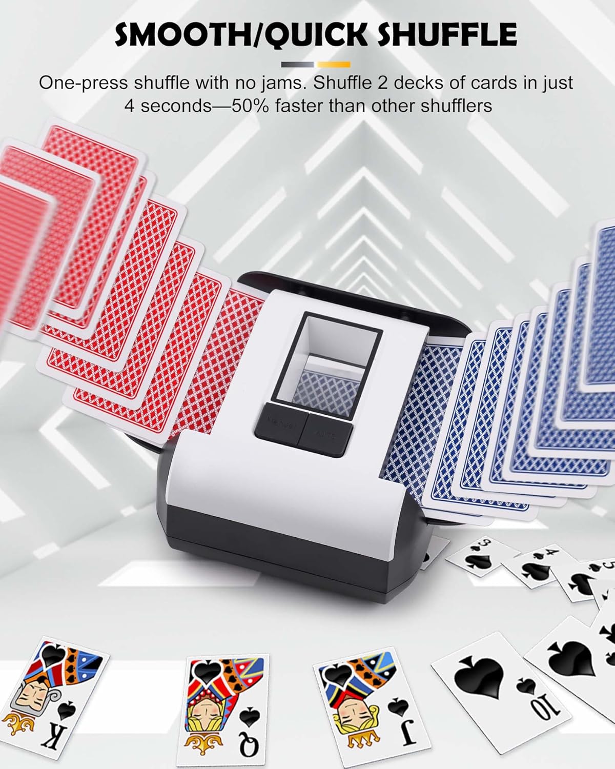 Automatic Card Shuffler, Electric Card Shuffler for 1-2 Decks One-Touch AUTO & Manual Mode Rechargeable 2000mAh Battery Low Noise Ideal for Poker UNO Blackjack Texas Hold'em Skip-Bo Phase 10