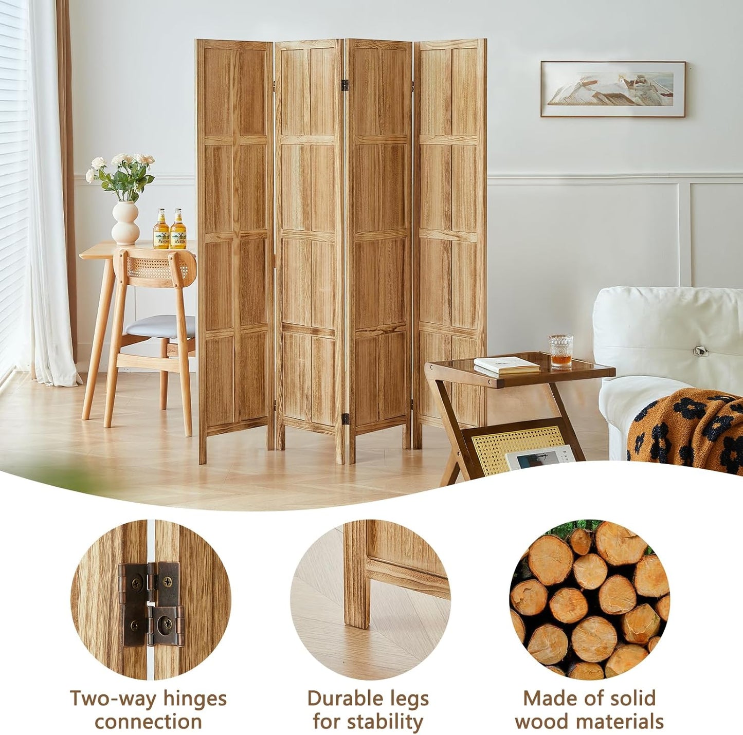 4 Panel Room Divider, 5.6Ft Wood Room Dividers and Folding Privacy Screens, Room Divider Wall Freestanding, Room Dividers Screen for Home Office Restaurant Bedroom, Light Brown