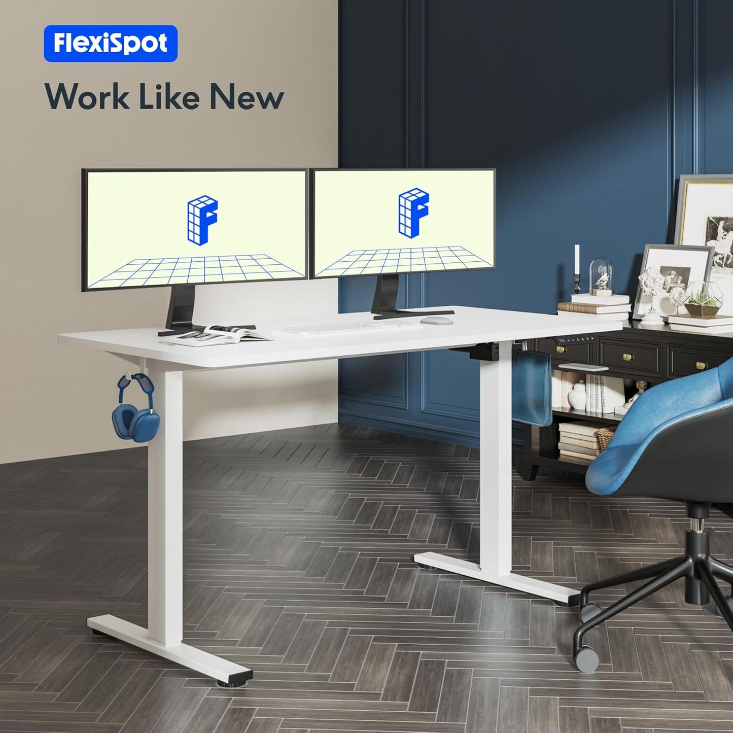 FLEXISPOT One-Piece Electric Standing Desk, 48 x 24 Inches Adjustable Desk with Seamless Desktop, Memory Controller Height Adjustment (White Frame + White Desktop, 2 Packages)