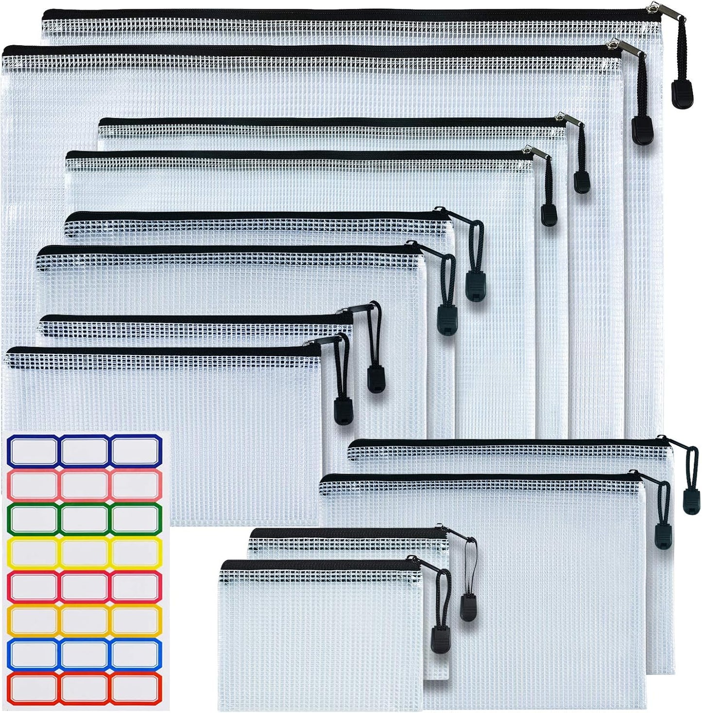 12 Pcs Plastic Mesh Zip File Bags, Waterproof Tear-Resistant Document File Folders, MultiSize Zipper Documents Pouch Organizer Bags for School Office Home Travel Storage(6 Sizes)