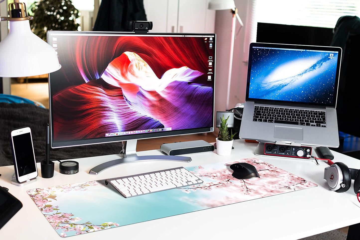 Extended Large Gaming Mouse Pad Dreamy Romantic Pink Sakura Butterflies XXL Size Keyboard Mouse Mat Desk Pad with Non Slip Rubber Base Stitched Edges Office Decor for Women Girls Men,35.4 x 15.7inch