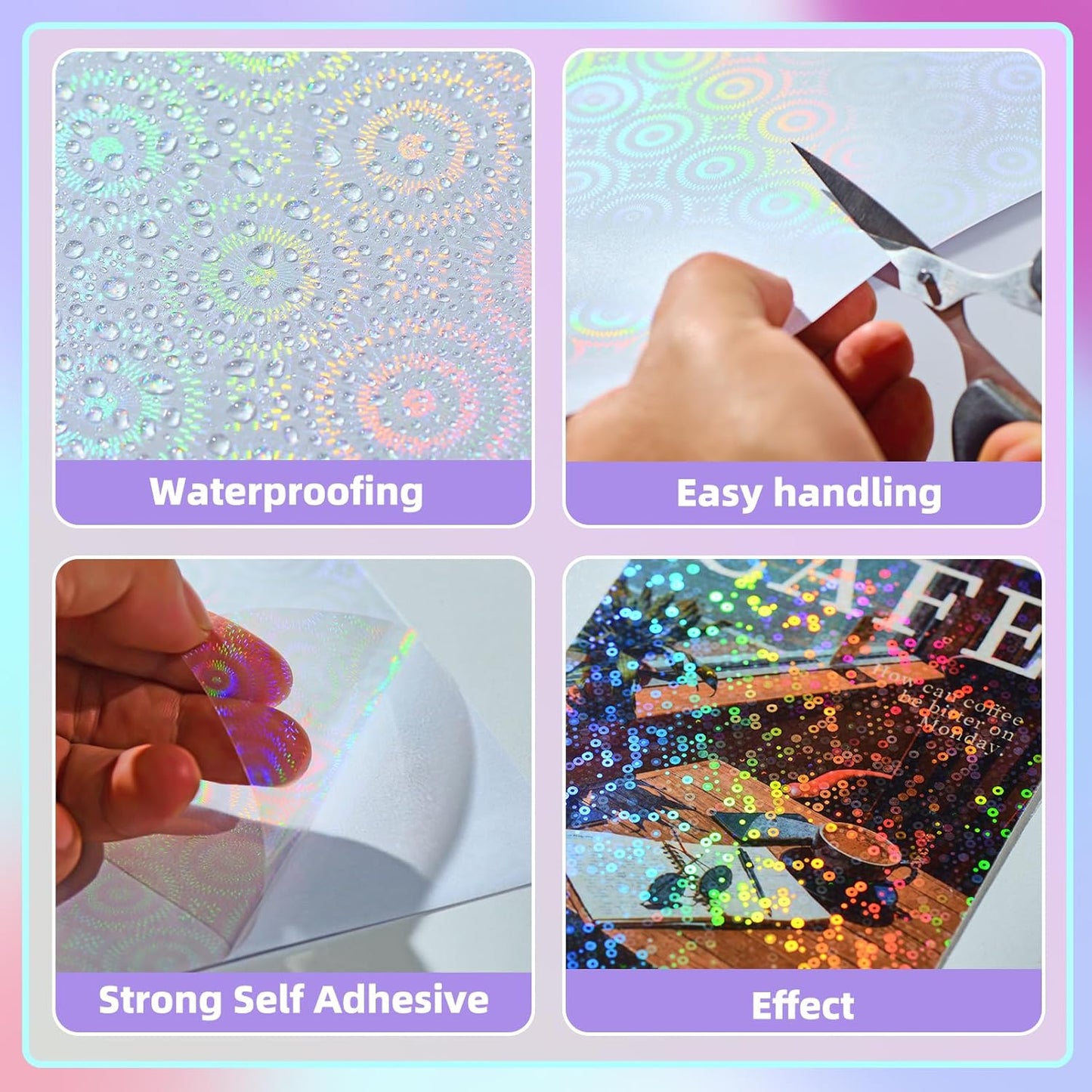 36 Sheets Holographic Sticker Paper, Clear Vinyl Laminate Film for Stickers Self-Adhesive, Transparent Overlay Lamination Sticker Paper Waterproof, 6 Patterns-8.5x11 Inch