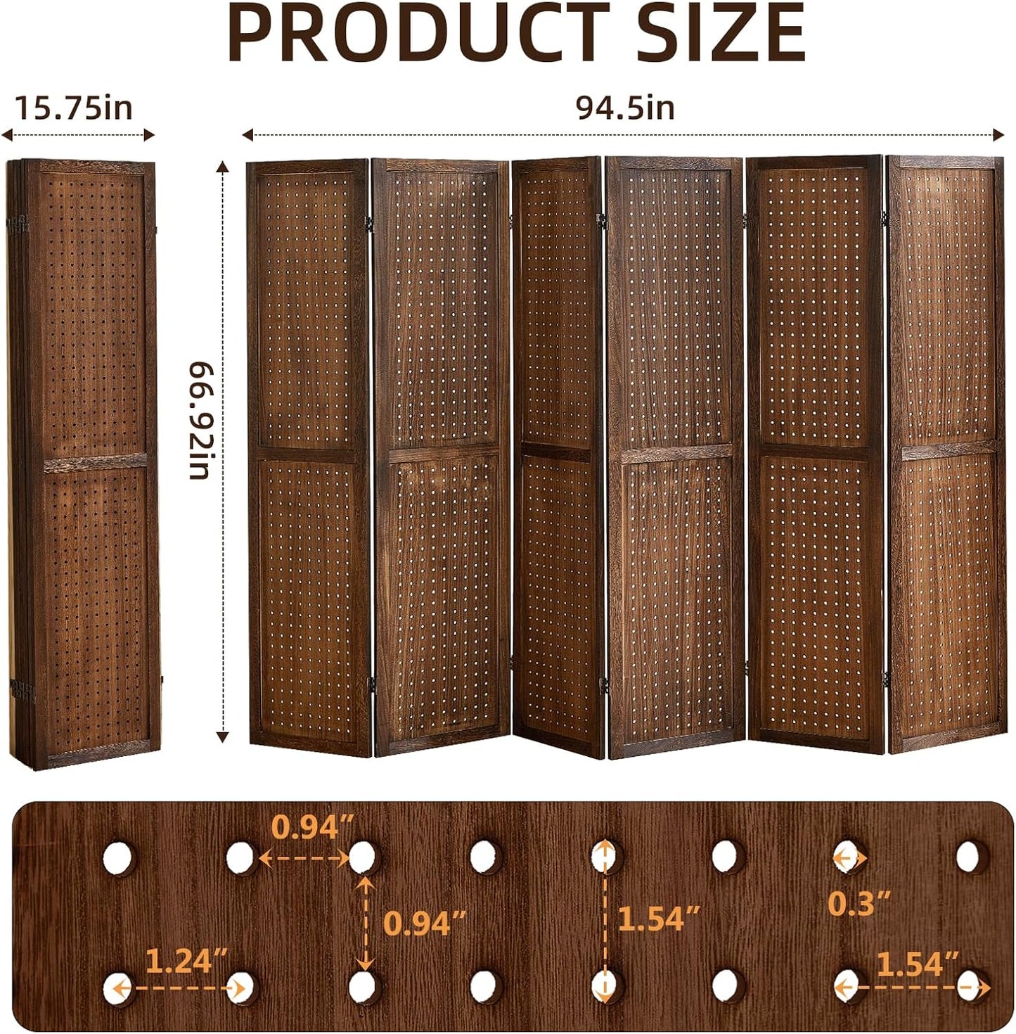 6 Panel Pegboard Display with 24 Hooks, Privacy Dividers for Rooms, Wooden Room Divider Wall and Folding Privacy Screens, Pegboard Room Divider, Bedroom, Balcony, Dark Brown