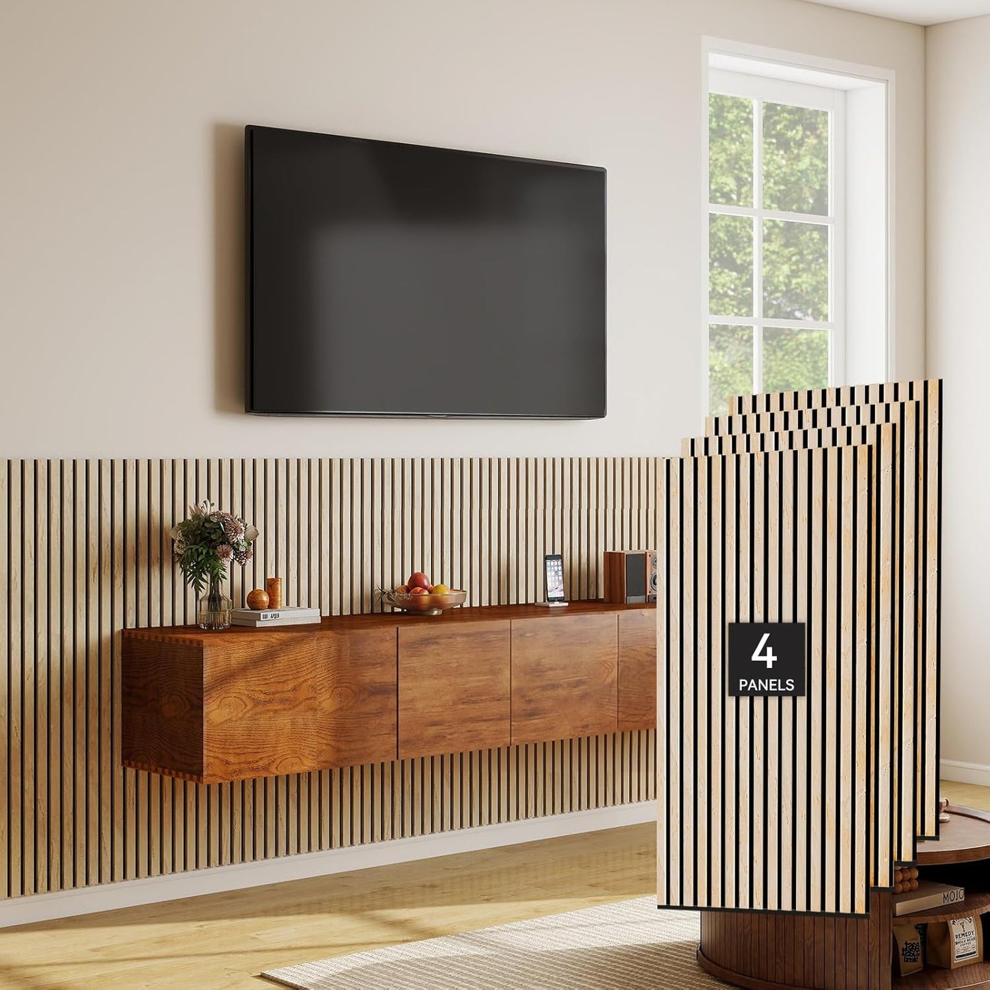 MISSDAY Wood Slat Acoustic Wall Panels, 4 Packs 47.2" x 23.6" Oak Soundproof Panel For Interior Wall Decor Noise Absorbing-3D Textured Wooden Panel Sound-Absorbing for Home, Office, Studio