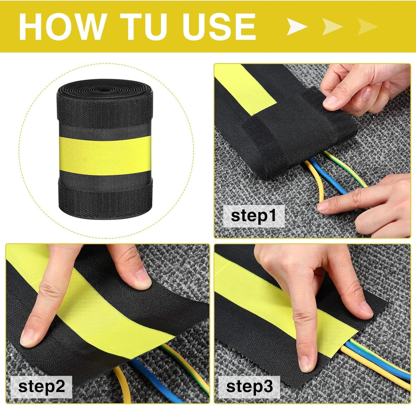 WILLBOND Carpet Cord Cover Cable Grip Floor Cover Cable Protector Management Only for Commercial Office Carpet(Black and Yellow,98.43 ft)