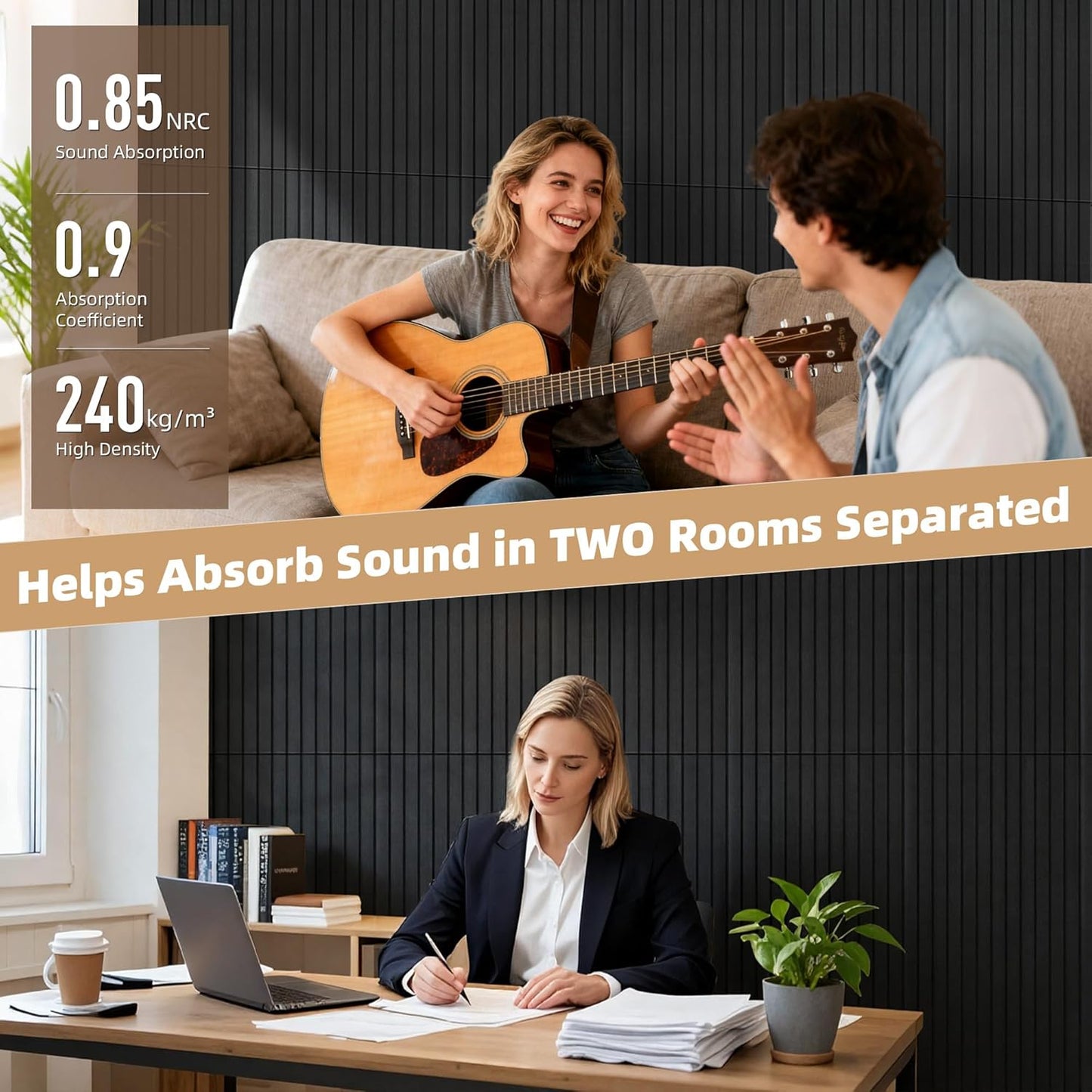 TO-TH Wood-Look Acoustic Panel, 4 Pack 47.2” x 23.6” Soundproof Wall Panels, Decorative Sound Absorbers Large Acoustic Panels for Home, Office, Basement, Smoky