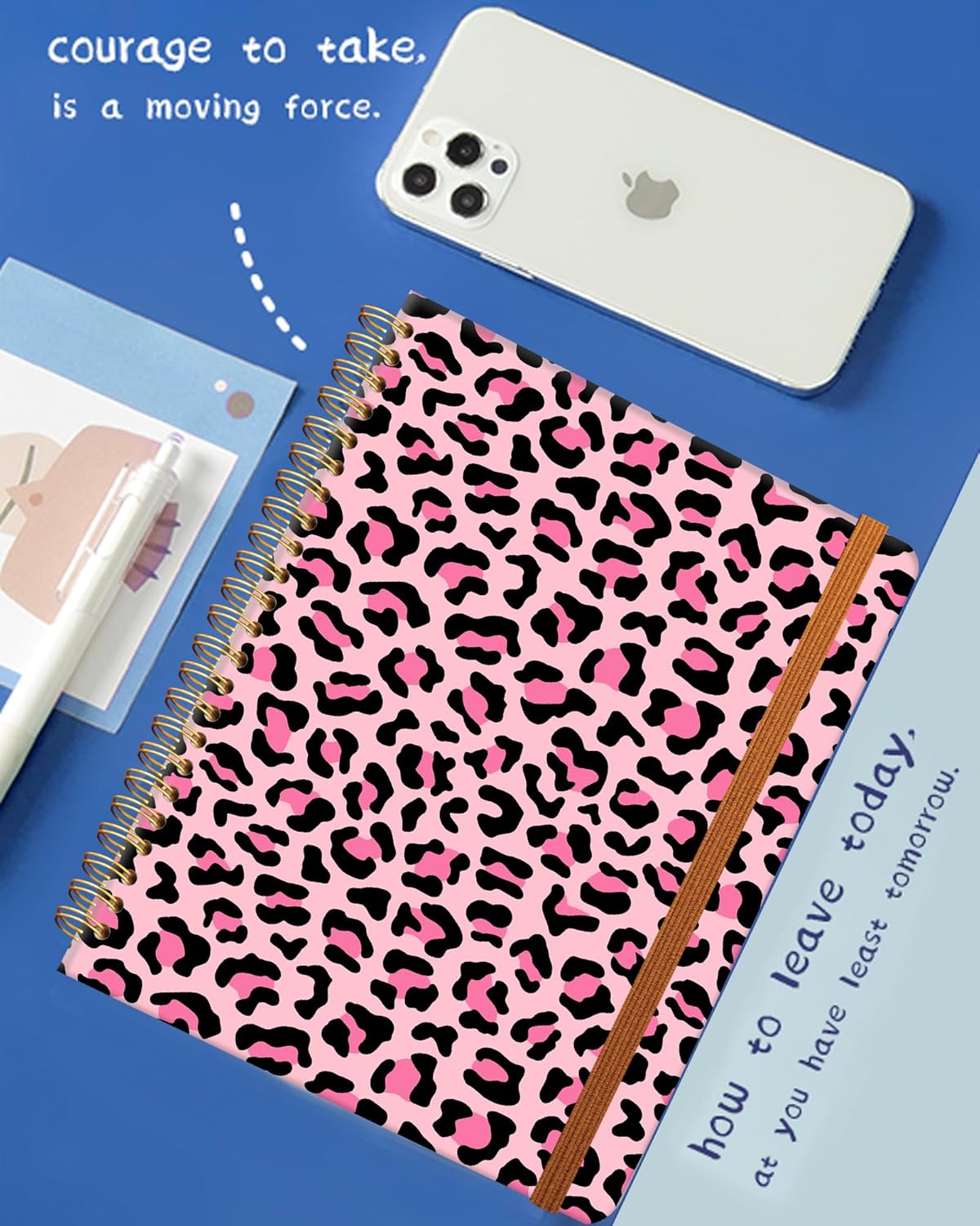 Ruled Spiral Writing Notebook,A5 Hardcover Lined College Journal for Women Lady,Fashion Puppy Watercolor Strong Twin-Wire Binding with Premium Paper,8.4" X 6",Perfect for School,Office,Home Gifts(Pink Leopard)