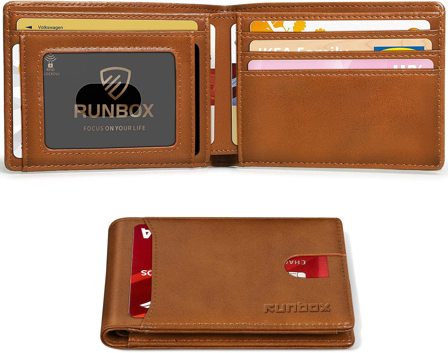 RUNBOX Novelty Wallet for Men Slim 11 Credit Card Holder Slots Leather RFID Blocking Small Thin Men's Wallet Bifold Minimalist Front Pocket Large Capacity Gift Box
