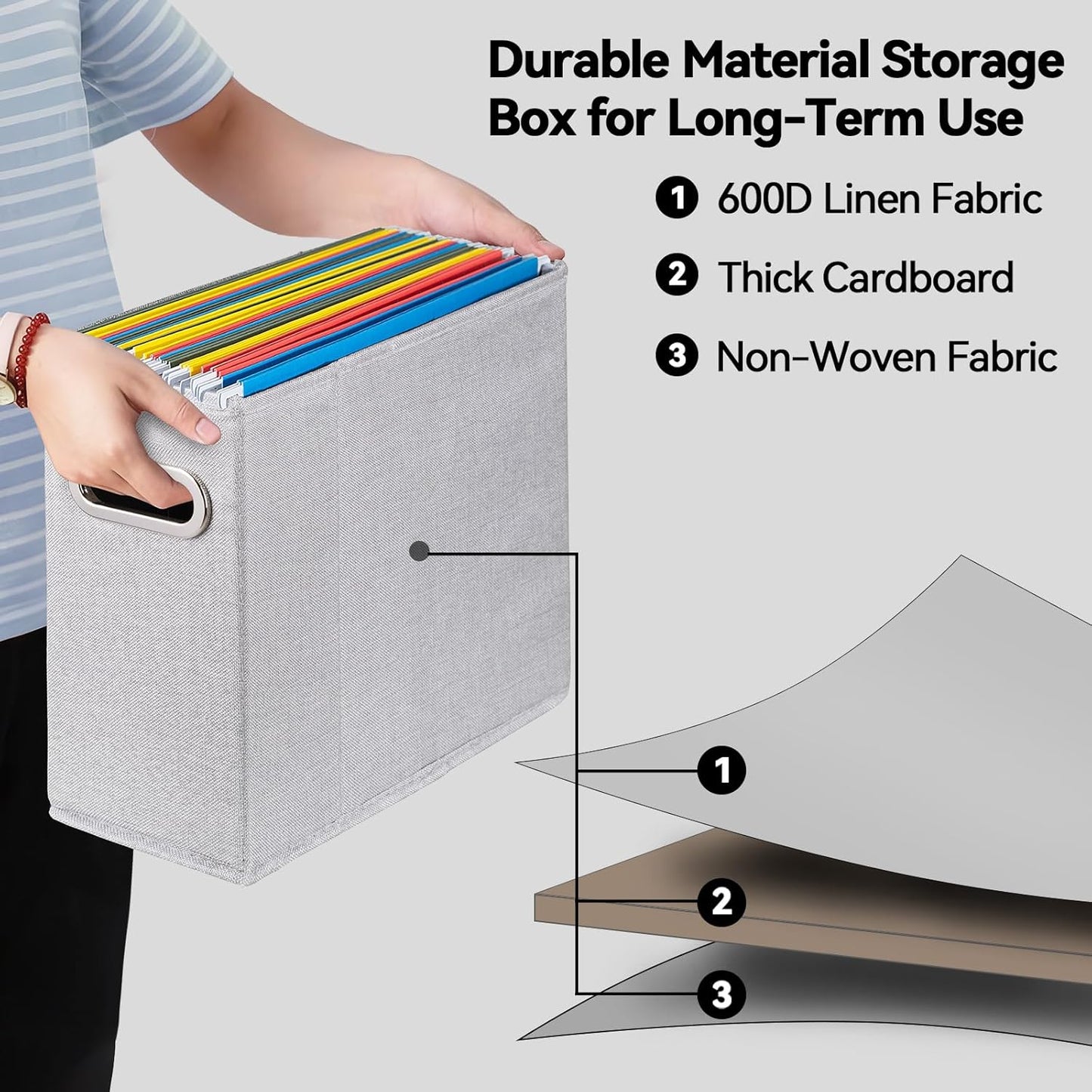 4 Packs Letter Size File Organizer, File Folders Organizer, Fabric Storage Box, Collapsible Paper Organizer with Metal Handle, Smooth PVC Rails, Only Box (Light Gray)