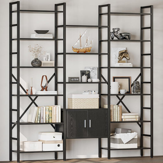 70x78 “ Triple 6 Tier Book Shelf, Industrial Large Bookcase with Storage Cabinet, Tall Bookshelf with 16 Open Display Shelves Metal Frame Furniture for Living Room Bedroom Home Office Black