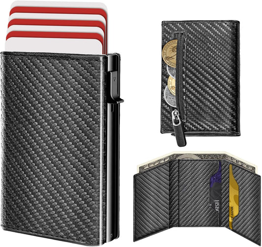 Wallet for Men with Coin Pocket, Pop-Up Card Holder, Holds 10-14 Cards, RFID Blocking, Minimalist, Smart, Slim, Cash Slot, Front Pocket, Gift for Men (Carbon Fiber)