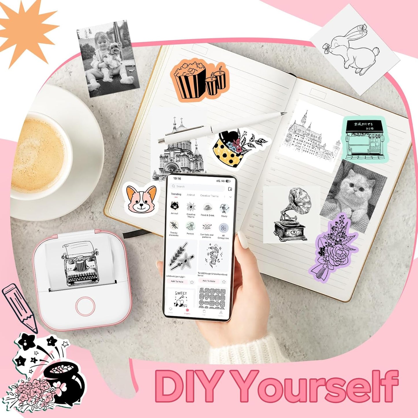 Sticker Printer Machine, Print Pods Mini Maker with 1 Roll Paper, Mini Portable Sticker Maker Y02C, Bluetooth Inkless for Phone, Thermal Portable Machine for Journal, Note, Photos, Learning