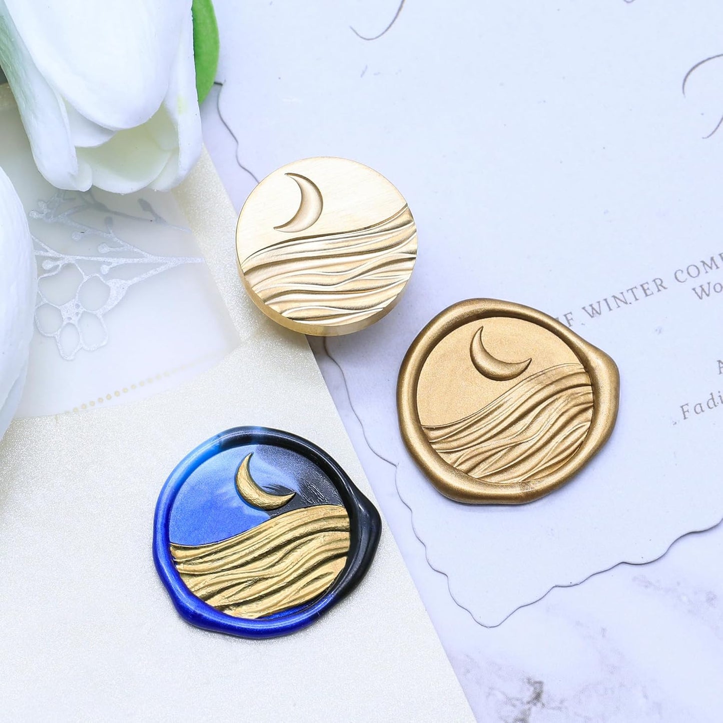 SWANGSA 3D Moon and Ocean Wax Seal Stamp Kit with 200pcs Sealing Wax Beads, Great for Embellishment of Invitations, Wine Packages, Gift Ideas