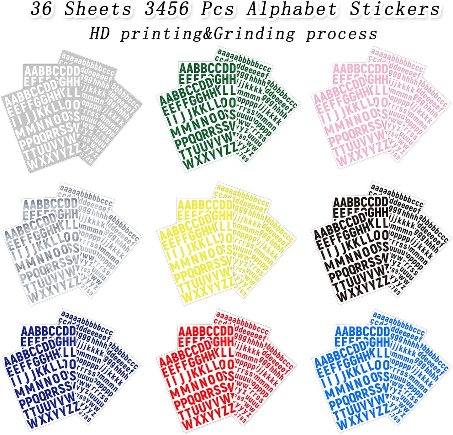 3456 Pcs 36 Sheets Colorful Alphabet Stickers Pad, 9 Colors Self Adhesive Letter Number Stickers Vinyl Waterproof Decals for Mailbox Gift Decoration Door Classroom Decor DIY Crafts
