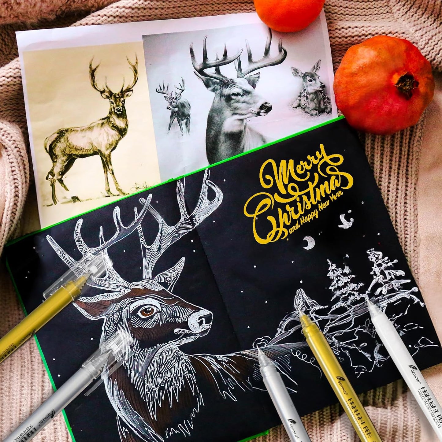 3 Colors 0.6mm Extra Fine Point Gel Pen Set – White, Gold & Silver Gel Ink Pens for Artists Drawing on Black Paper, Sketching, Bullet Journaling & Holiday Crafts