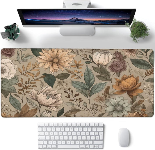 Desk Mat, Vintage Botanical Flowers Leaves Large Gaming Mouse Pad with Non-Slip Base Stitched Edges,Desk pad for Keyboard and Mouse Home Office 35.4"x15.7"