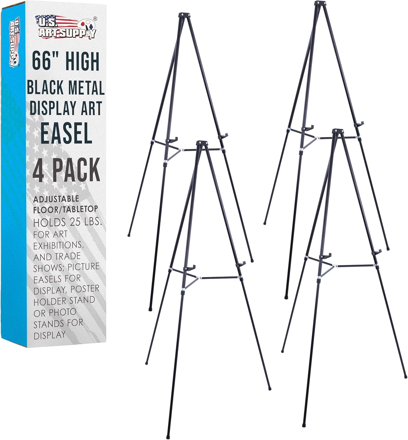 U.S. Art Supply 66" High Black Metal Display Art Easel (4 Pack) - Large Adjustable Height Portable Easel Stand, Sign Display, Holds 25 lbs - Floor & Tabletop Easels, Sign Stand