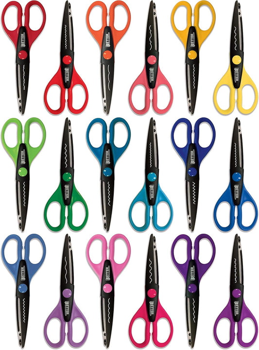 Better Office Products 18 Piece Decorative Edge Craft Scissors, 18 Colors and Edge Designs, 6 Inch Length, 2.5 Inch Blades, Assorted 18 Count Edger Scissors
