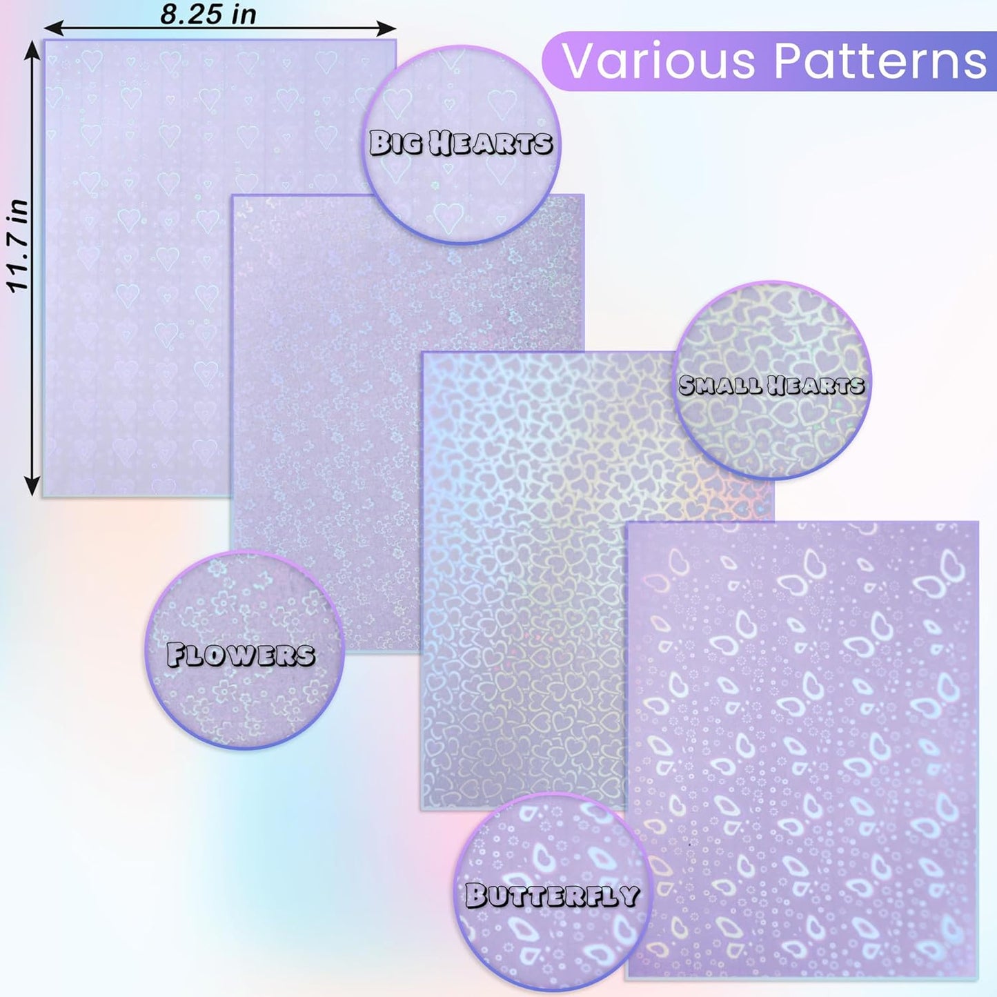 SANZIX 36 Transparent Holographic Laminate Sheets - A4 Waterproof Self Adhesive Sticker Paper Laminating Sheets & Vinyl Sticker Paper (Flower, Butterfly, Small & Big Hearts)