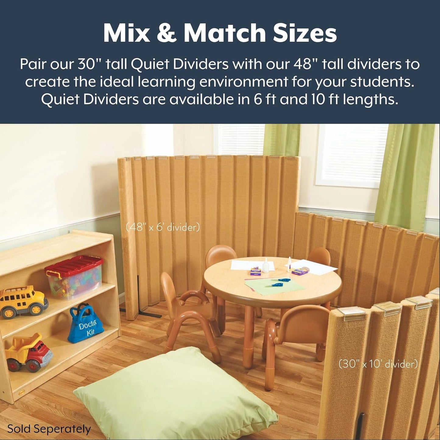 Children’s Factory 30" x 10' Quiet Divider With Sound Dampening Panels, Freestanding Room Divider Wall, Natural Tan