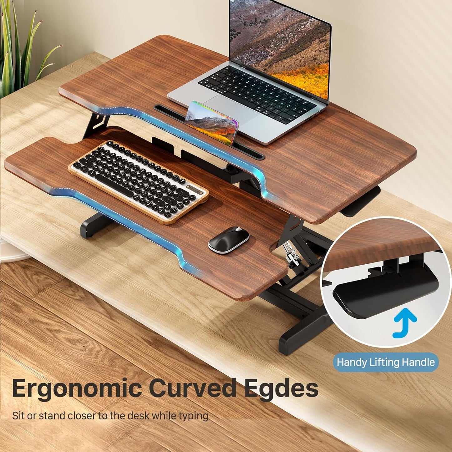 Standing Desk Converter 32 inch, Height Adjustable Sit Stand Desk Riser, Quick Sit to Stand Tabletop Dual Monitor Riser Workstation for Home Office with Keyboard Tray, Dark Wood