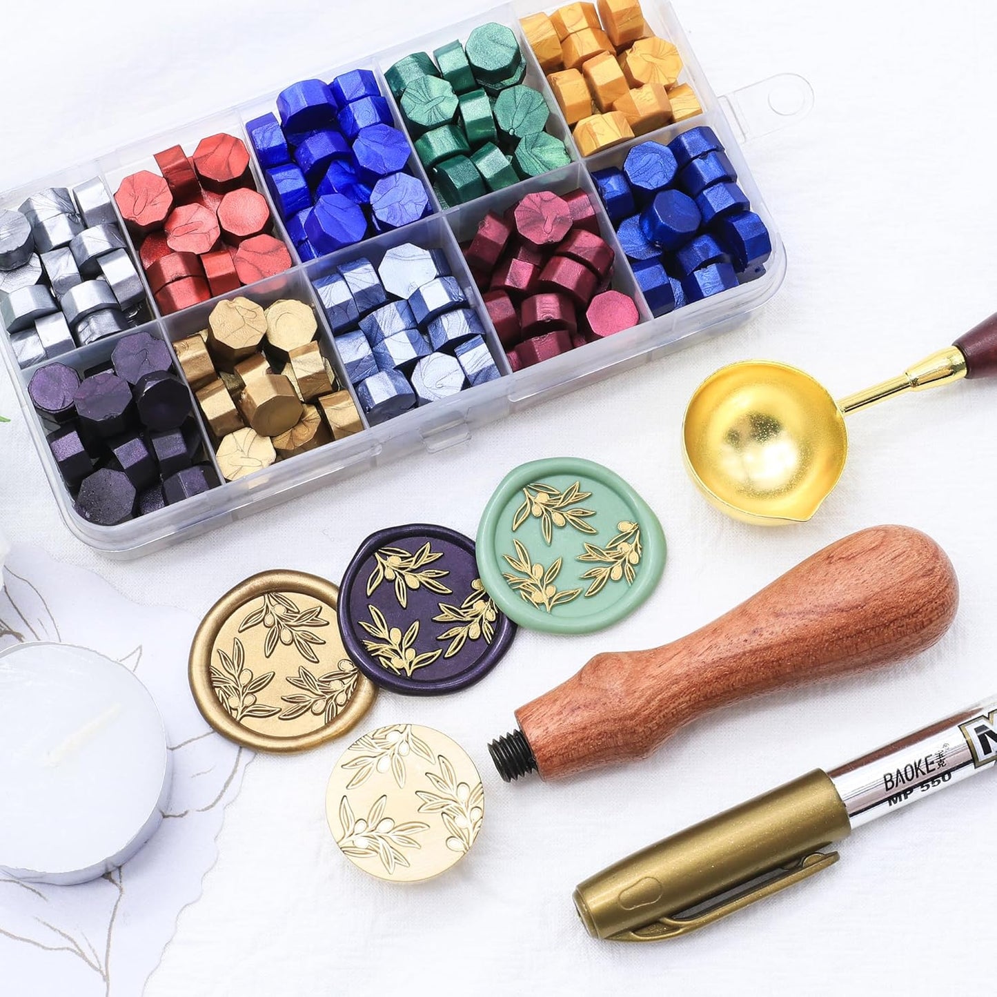 SWANGSA Olive Branches Wax Seal Stamp Kit with 200pcs Sealing Wax Beads, Great for Embellishment of Invitations, Wine Packages, Gift Ideas