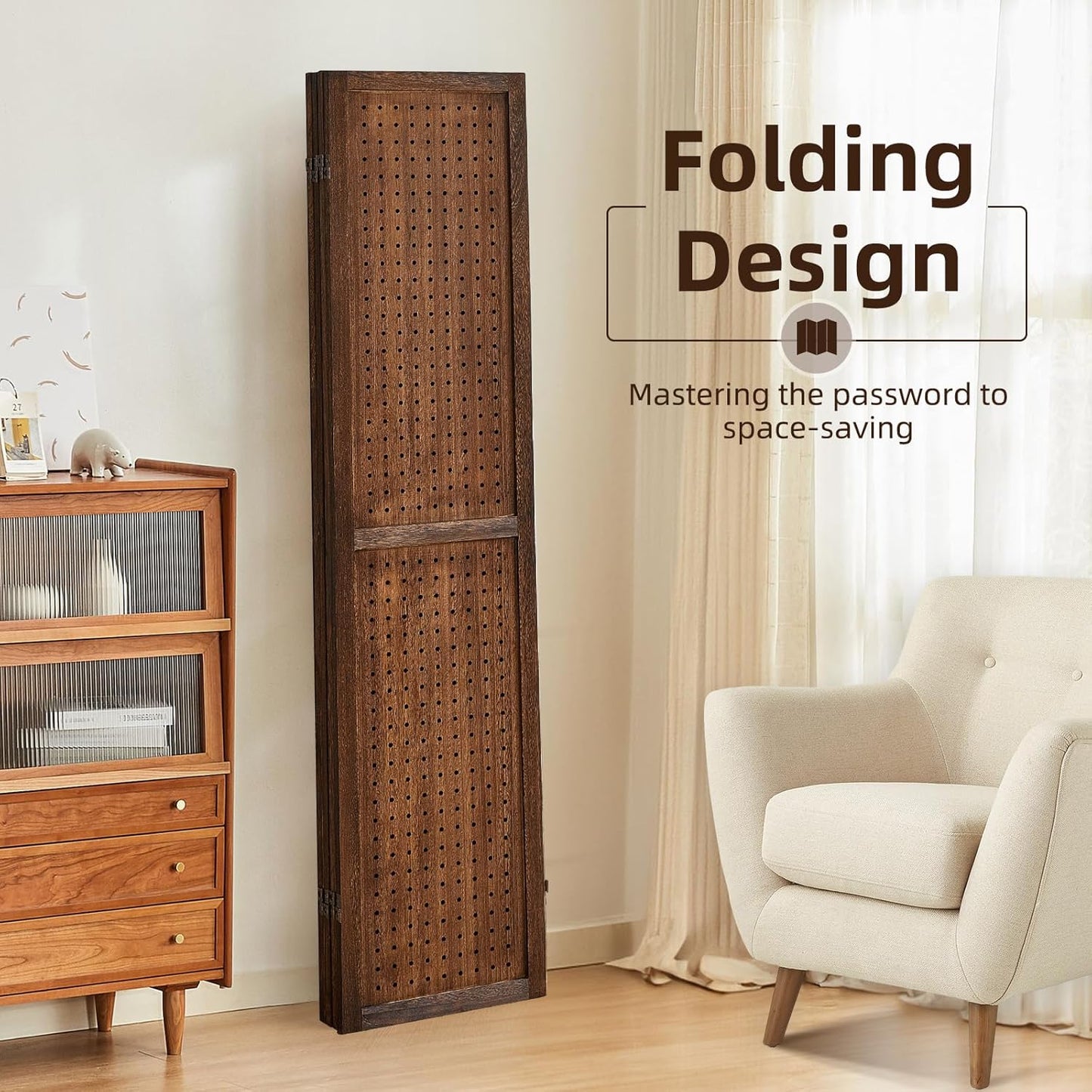 4 Panel Pegboard Display with 16 Hooks, Wooden Room Divider Wall and Folding Privacy Screens, Privacy Dividers for Rooms, Pegboard Room Divider, Jewelry Store, Bedroom, Balcony, Dark Brown