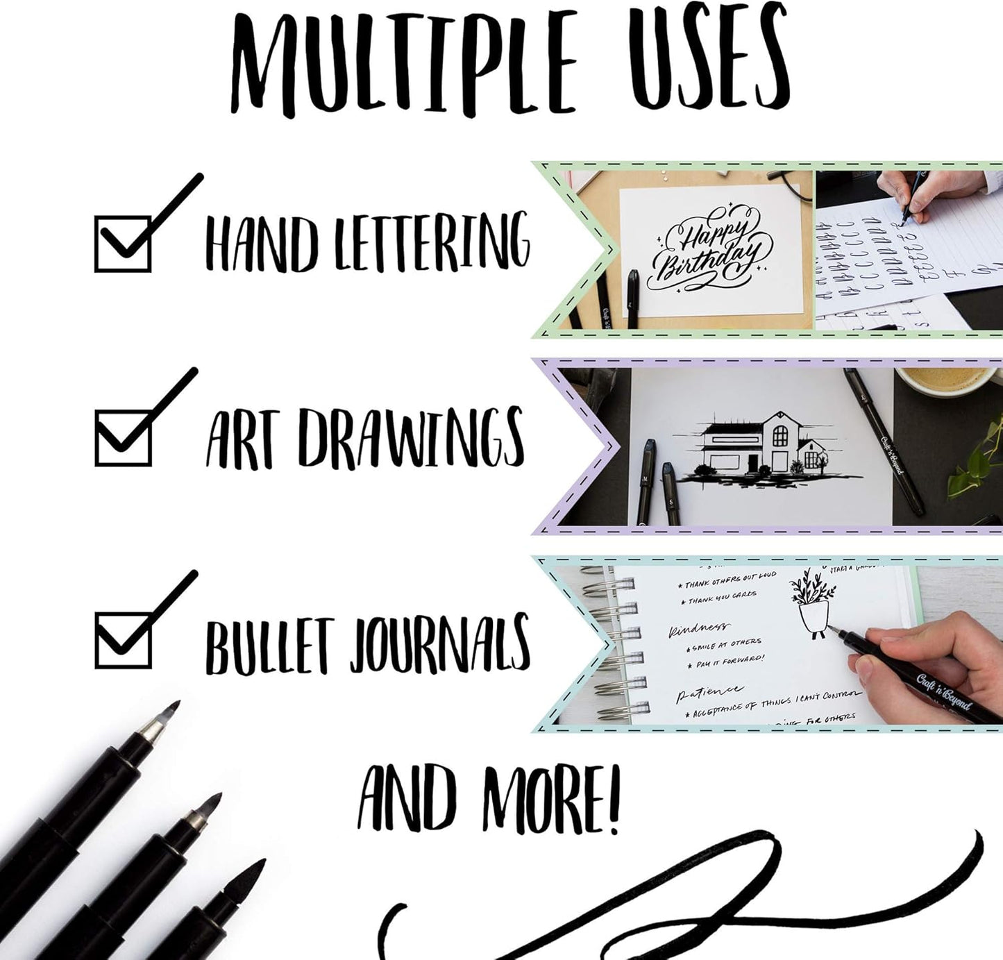 Craft 'n' Beyond Calligraphy Brush Pens Pack of 3 Small, Medium and Large Markers for Hand Lettering, Art Drawing, Sketching, Scrapbooking, Journaling - Beginner Kit with Fadeproof Black Ink