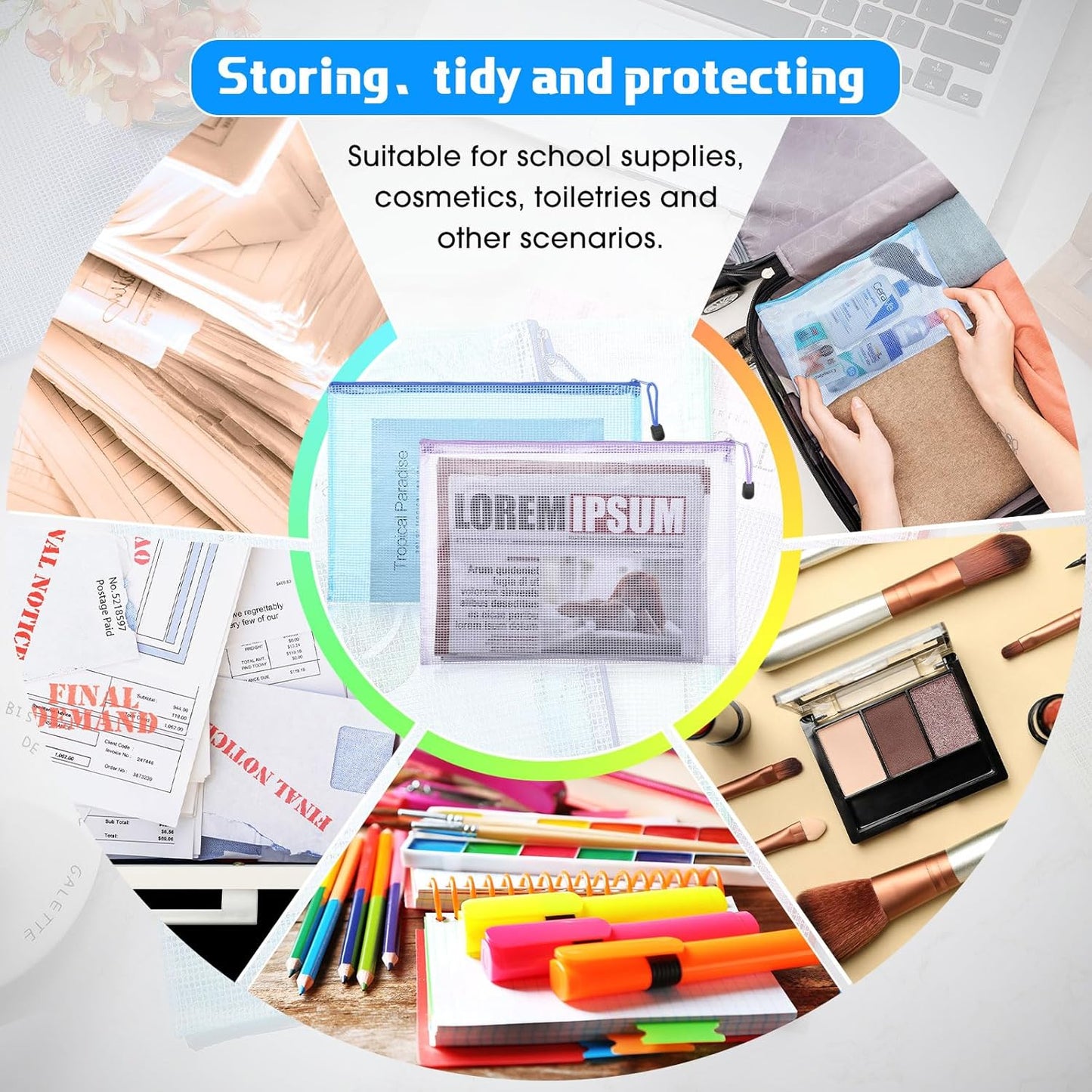 200 Pcs A4 Mesh Zipper Pouch Bulk Waterproof Mesh Zipper Organizer Plastic File Folder Case for School Office Supplies Document Board Games Puzzle(Colorful)