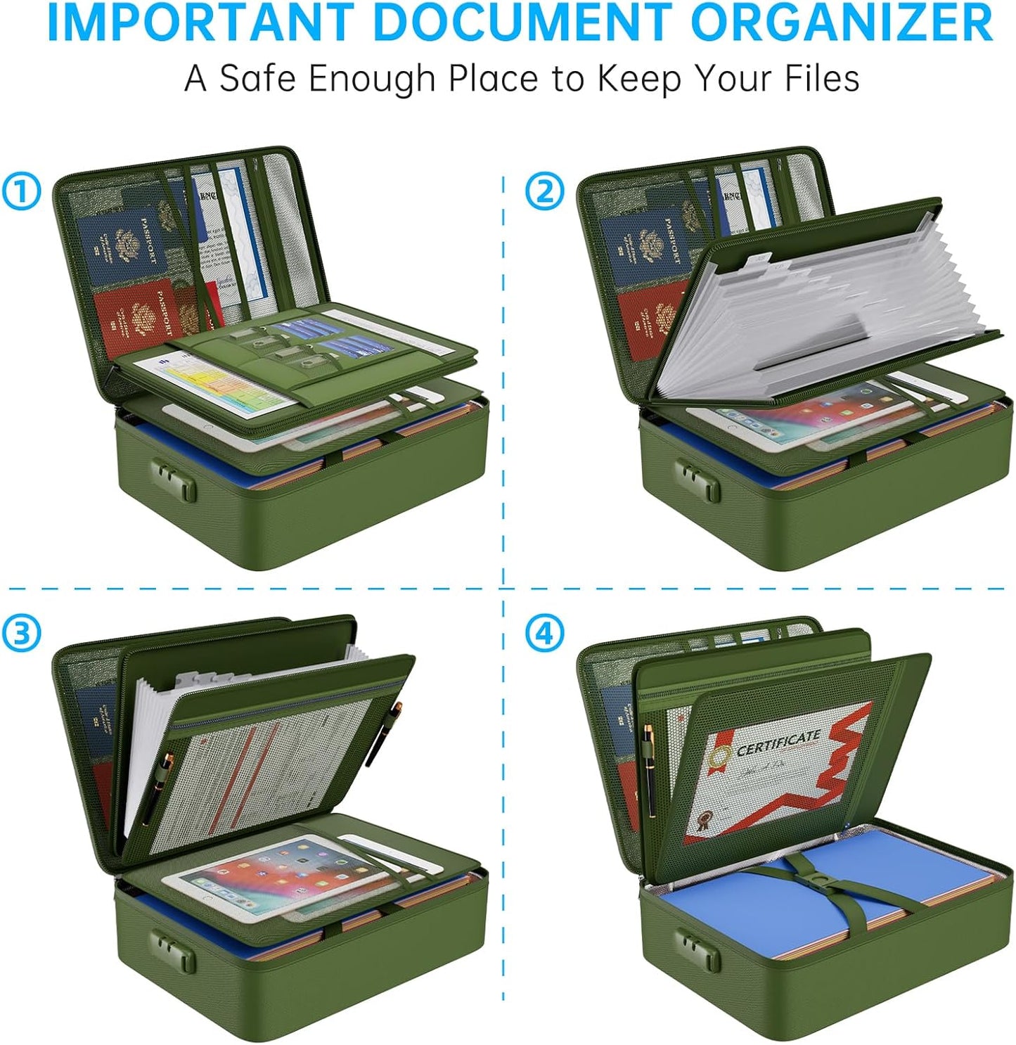 ENGPOW 5200℉ Fireproof File Organizer Bag with 13 Pocket Accordion File Folder,Document Organizer Box with Lock&Labels,Multi-Layer Portable Home Travel Safe Storage for Important Documents,Green