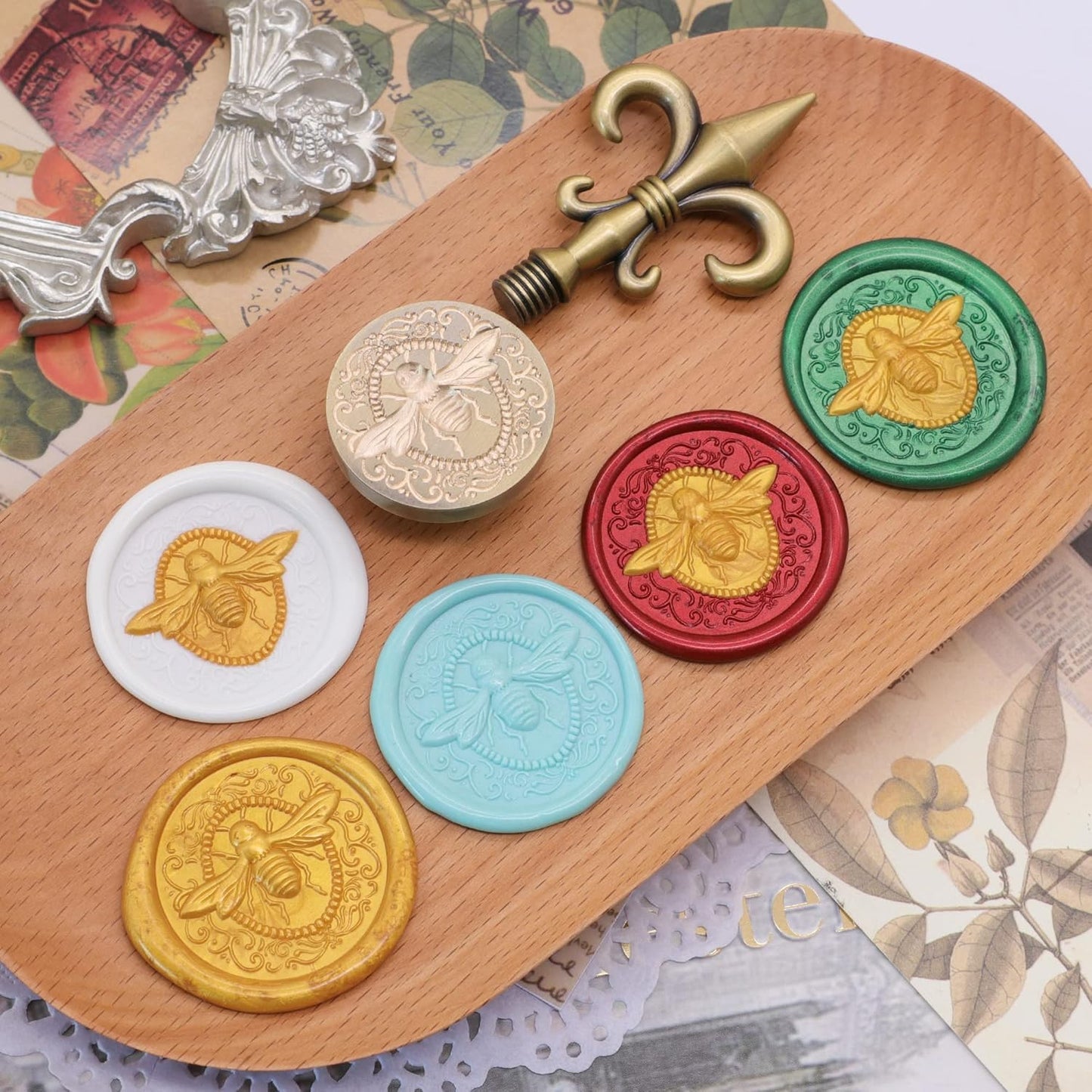 SWANGSA 3D Embossed Bee Wax Seal Stamp, Vintage Electroplated Bronze Flower Handle Sealing Stamp for Wedding Party Invitations Gift Idea Decoration