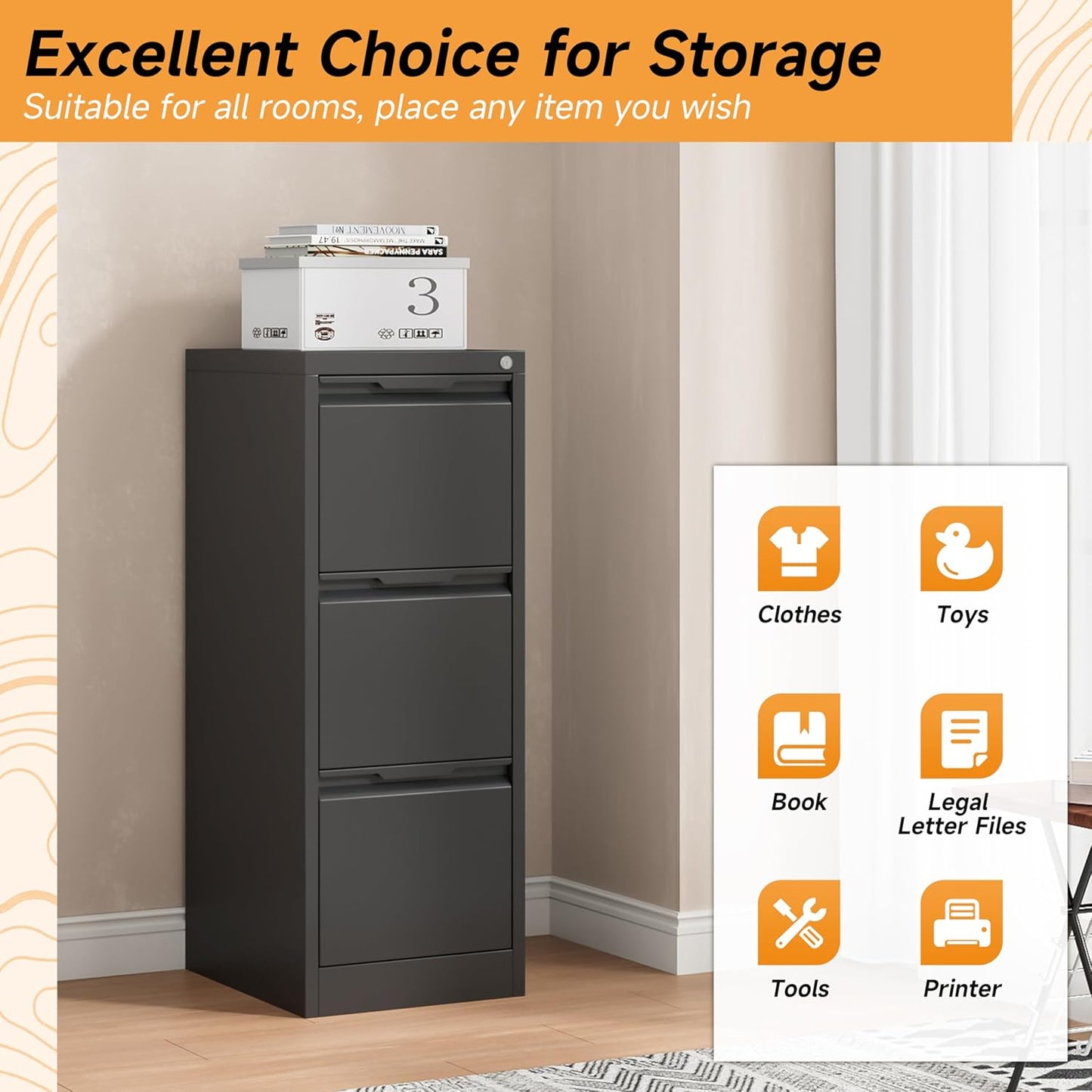 17.8" D File Cabinet, 3 Drawer Metal Filing Cabinets with Lock, Locking Vertical File Cabinet for Letter/Legal/A4/F4 Size, Easy Assemble (Black)