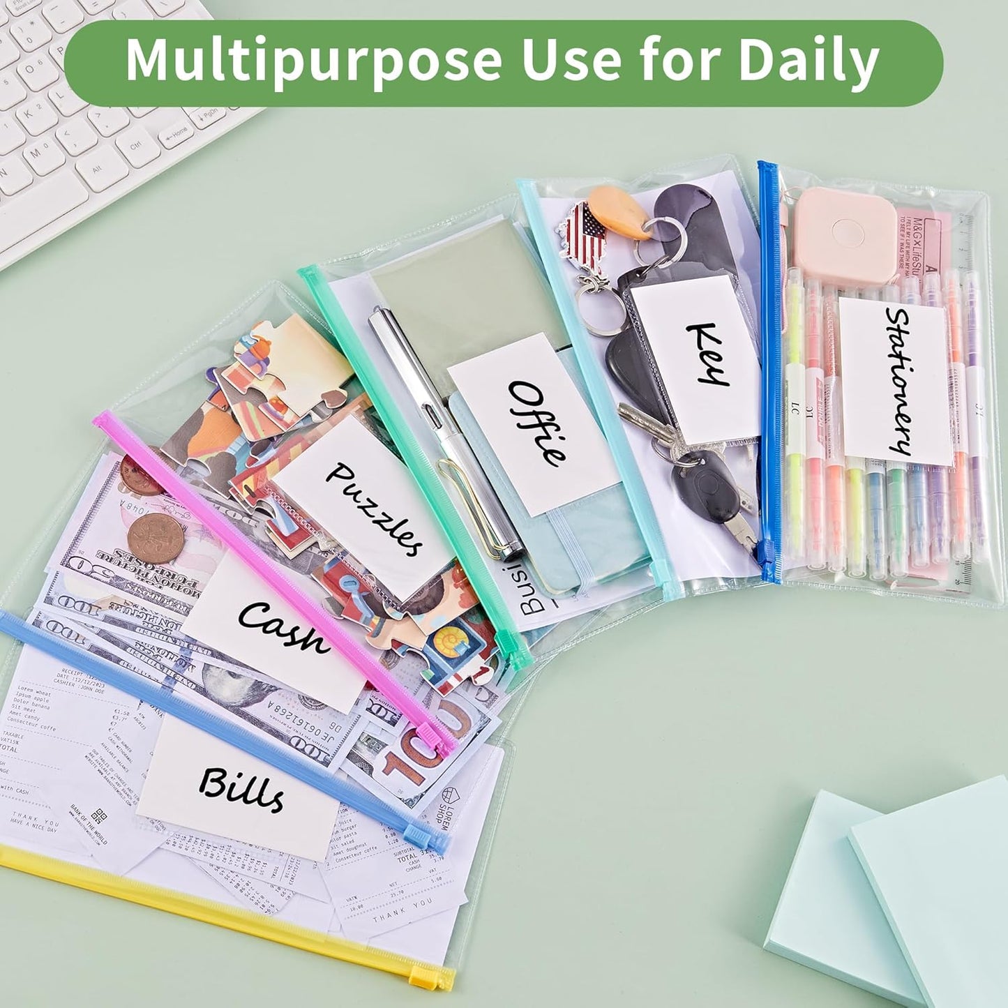 JARLINK 20 Pcs Poly Zip Envelope, A6 Size (9 x 4.7in) Plastic Zipper Pouches with Label Pocket, 10 Colors, Reusable Clear Pencil Bags for School and Office Supplies