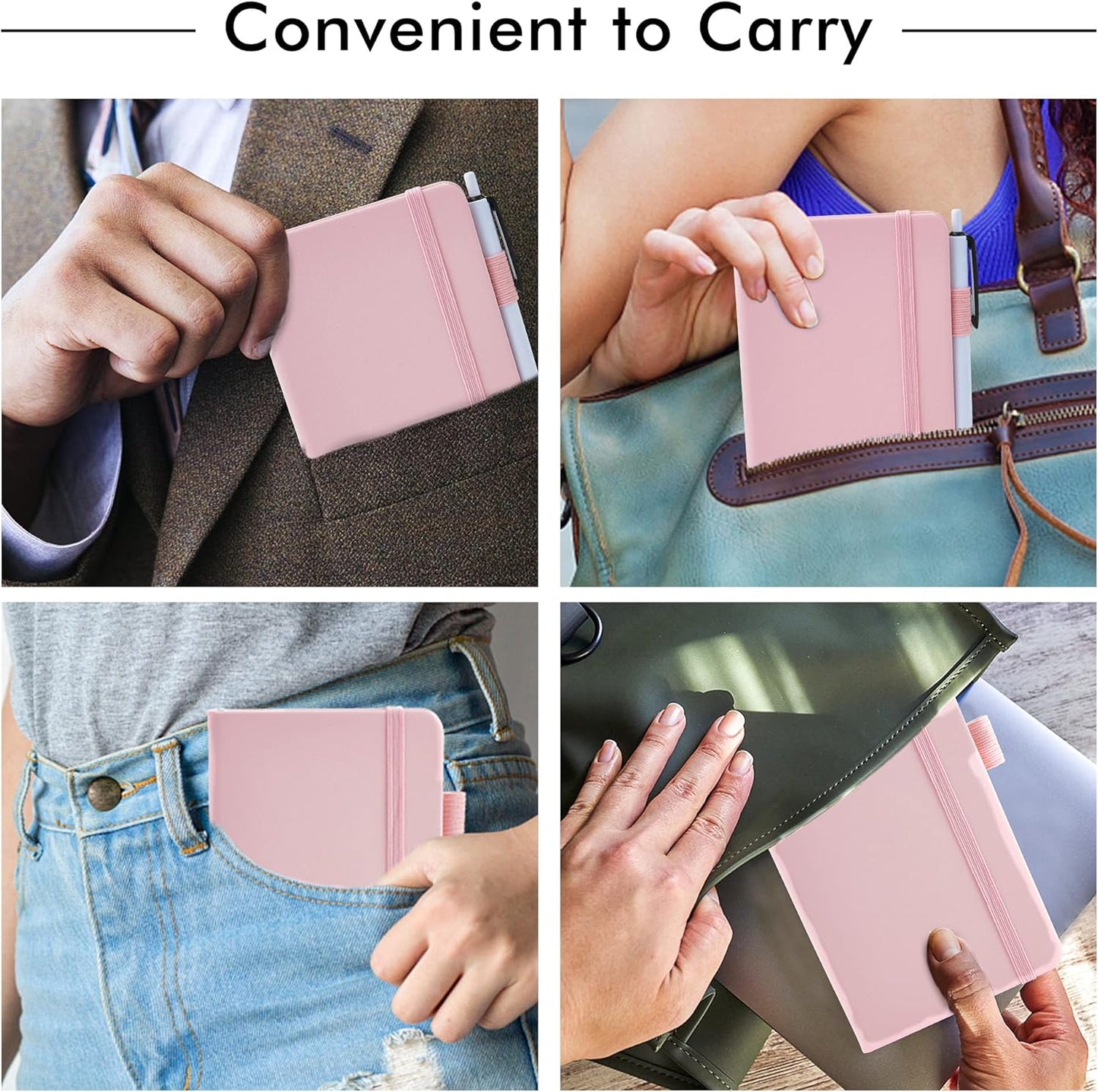 feela 3 Pack Pocket Small Notebook Journals, Mini Cute Memo Notepad Hardcover College Ruled Lined Journals with Pen Holder for Women Girls Office School, with 3 Black Pens, 3.5”x 5.5”, A6, Rose Pink