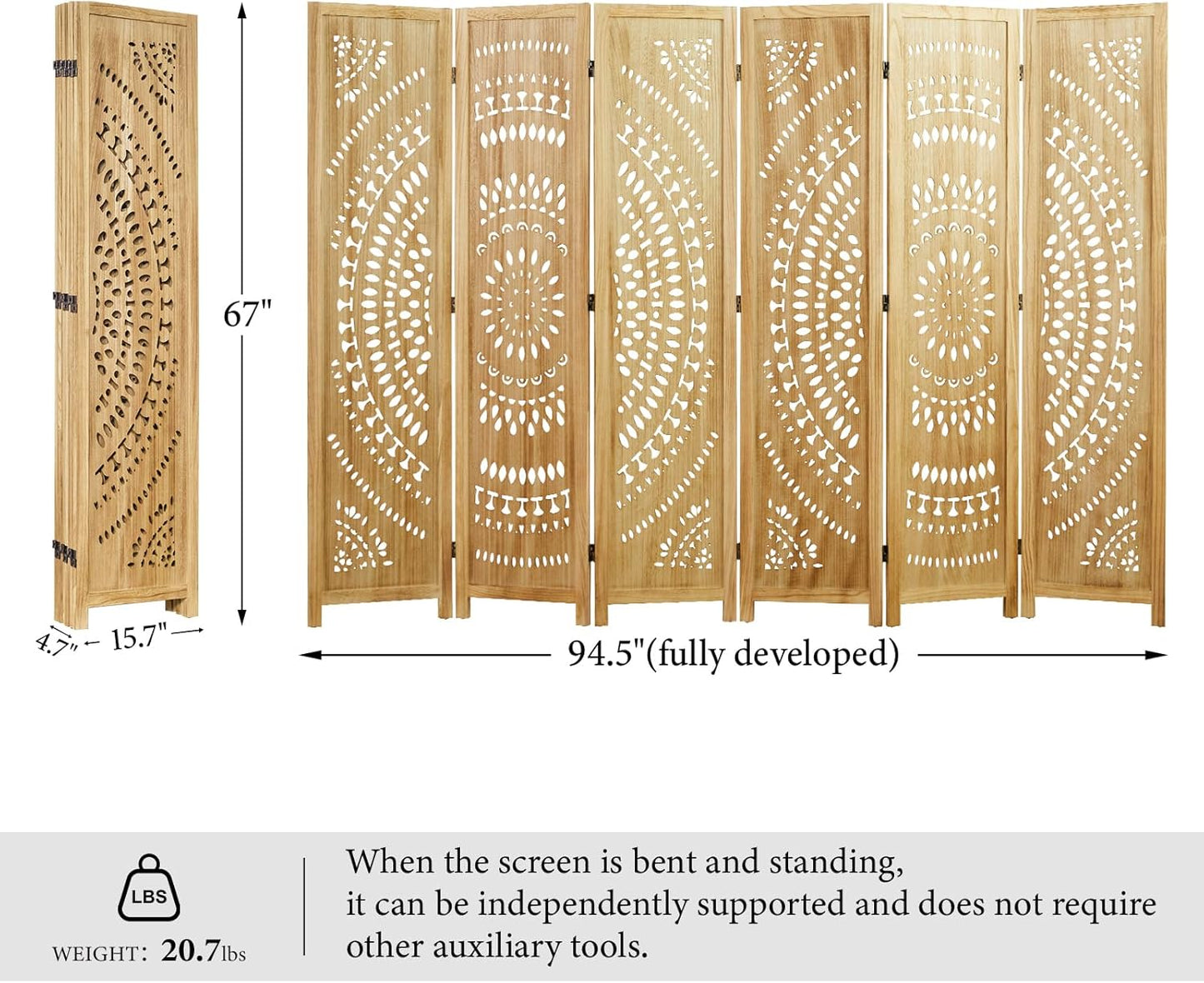 66.9Inch Folding Room Divider, 6 Panels Wood Carved Privacy Screens, Free Assembled Freestanding Partition for Home Office Restaurant Bedroom (Natural)