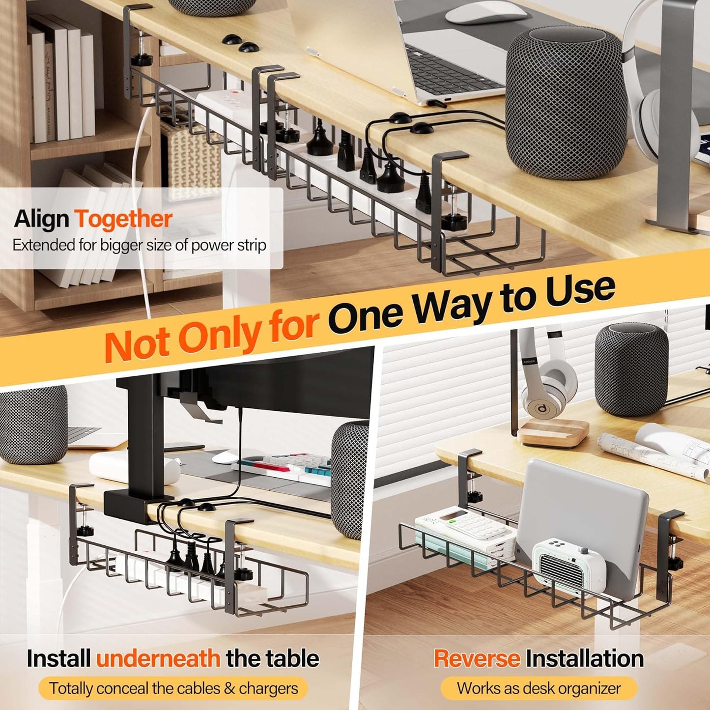 2 Pack Cable Management Under Desk Tray, 31.4" No Drill Under Desk Wire Management with Upgraded Clamp, Metal Cord Organizers for Desk with Cable Organizers, PC Cable Management Rack, Black